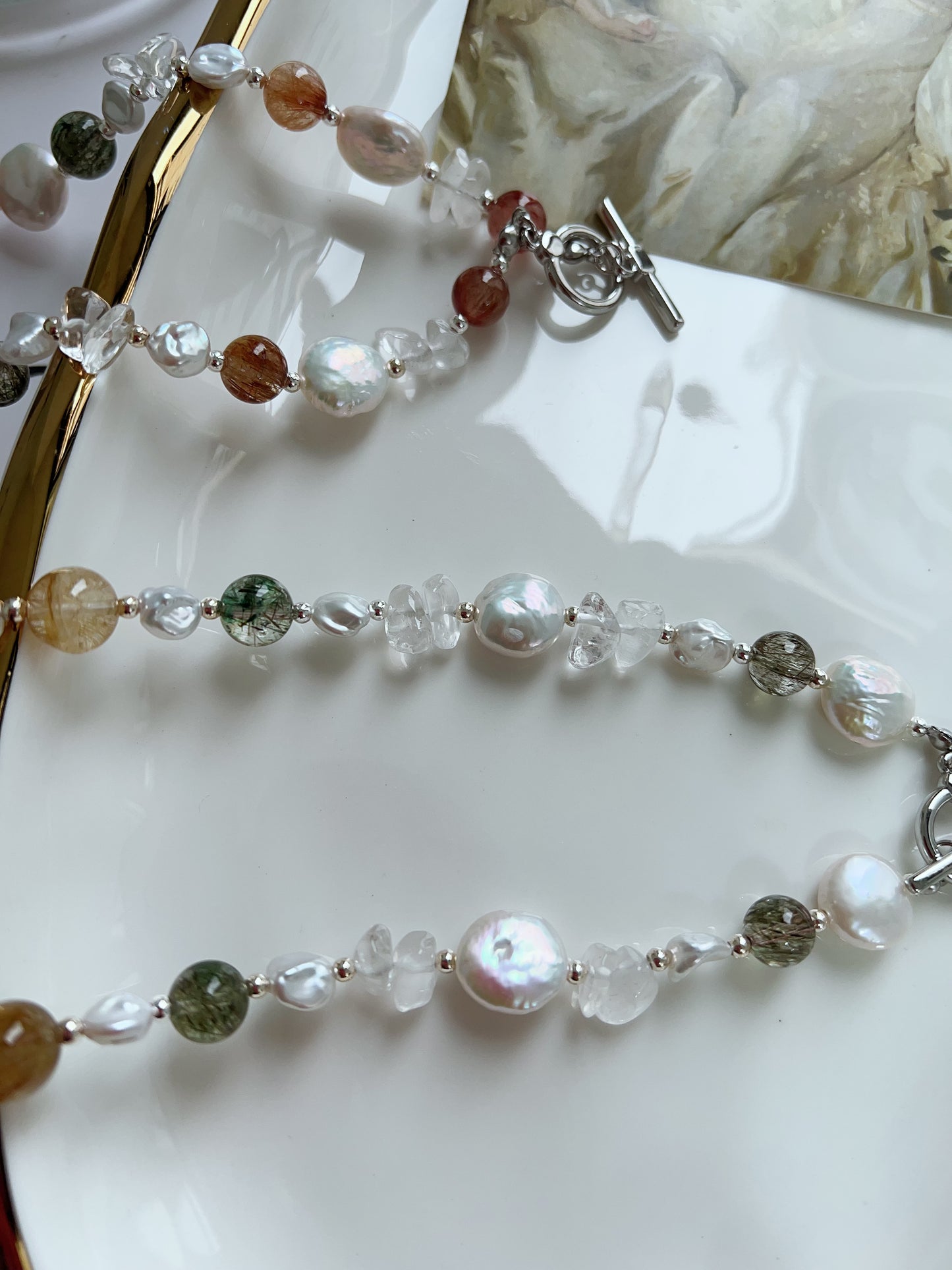#PN1279 Freshwater pearl necklace high quality rutile colorful Rutilated quartz coin baroque pearl fishtail baroque pearl
