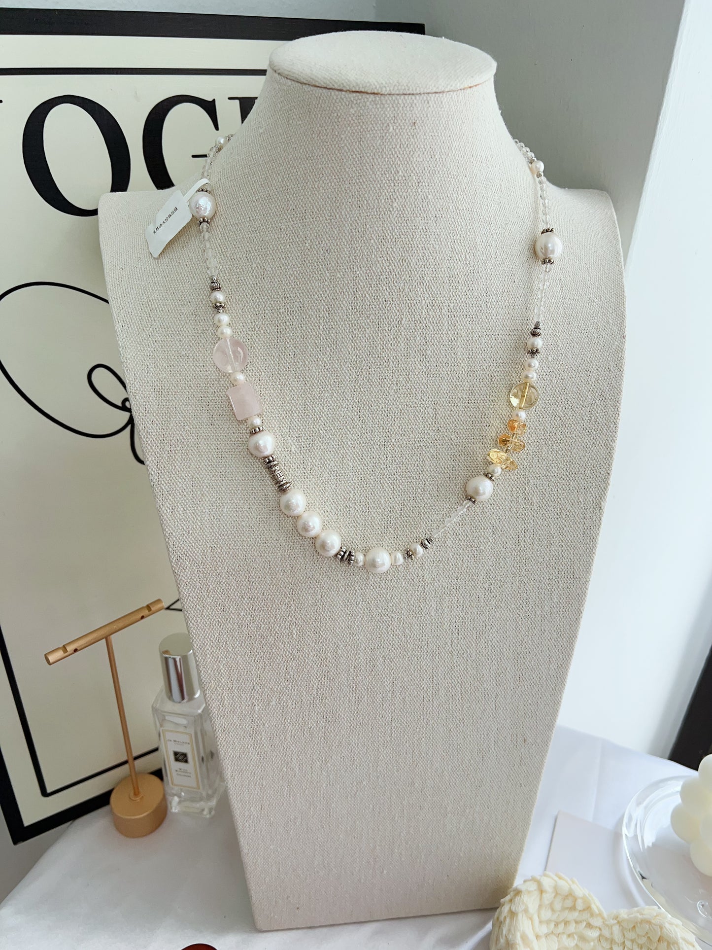 #PN1256 Freshwater pearl necklace 54cm multi wearing rose quartz citrine long necklace