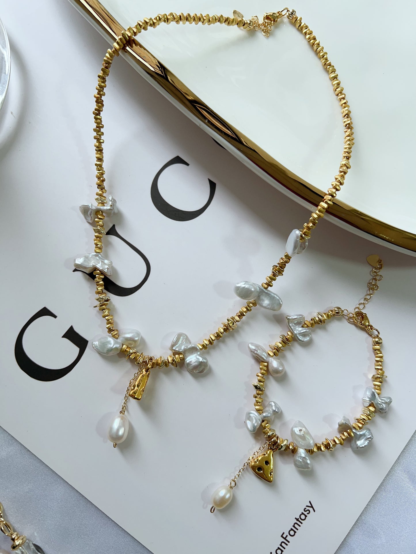 #PN1277 Freshwater pearl necklace & bracelet set irregular butterfly shaped pearl blue -silver lustre pendant cheese charm