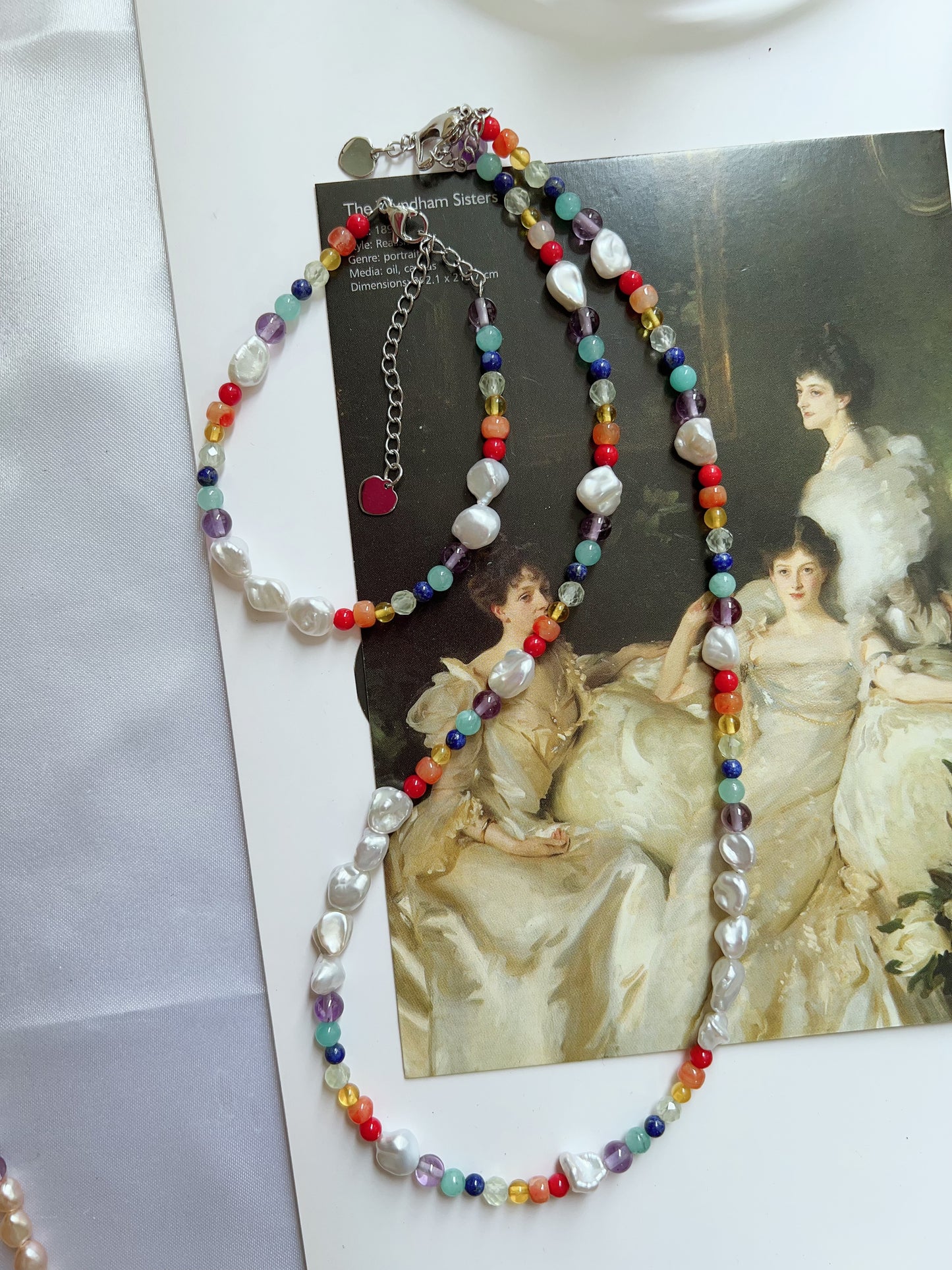 #PN1267 Freshwater pearl necklace & bracelet set rainbow design agate prehnite beeswax lapis lazuli amazonite amethyst irregular lustrous stone pearl