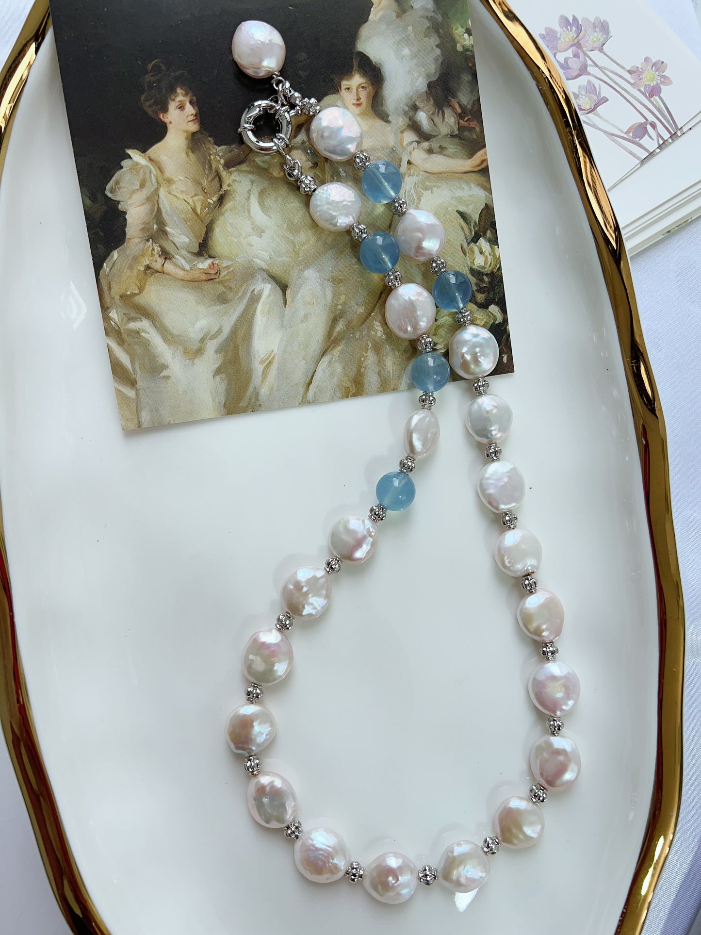 #PN1248 Freshwater Pearl Necklace & Bracelet Set Top tier Aquamarine Coin baroque pearls pendant Lustrous 48cm