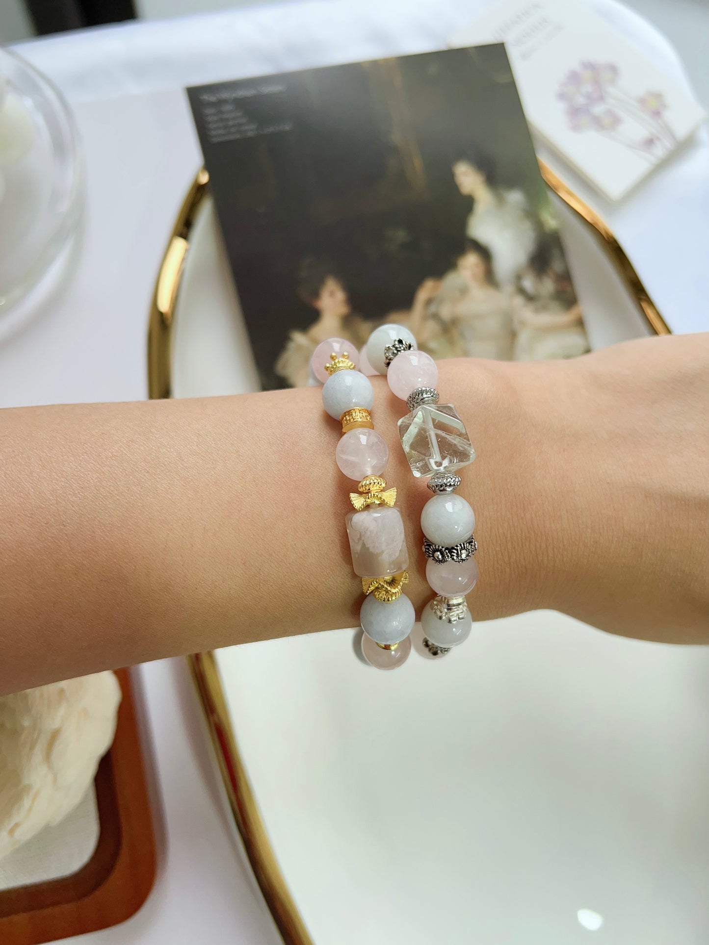 #B17 Crystal Bracelet Blue Calcite Rose Quartz Jadeite Flower Agate Barrel Green Quartz Freeform