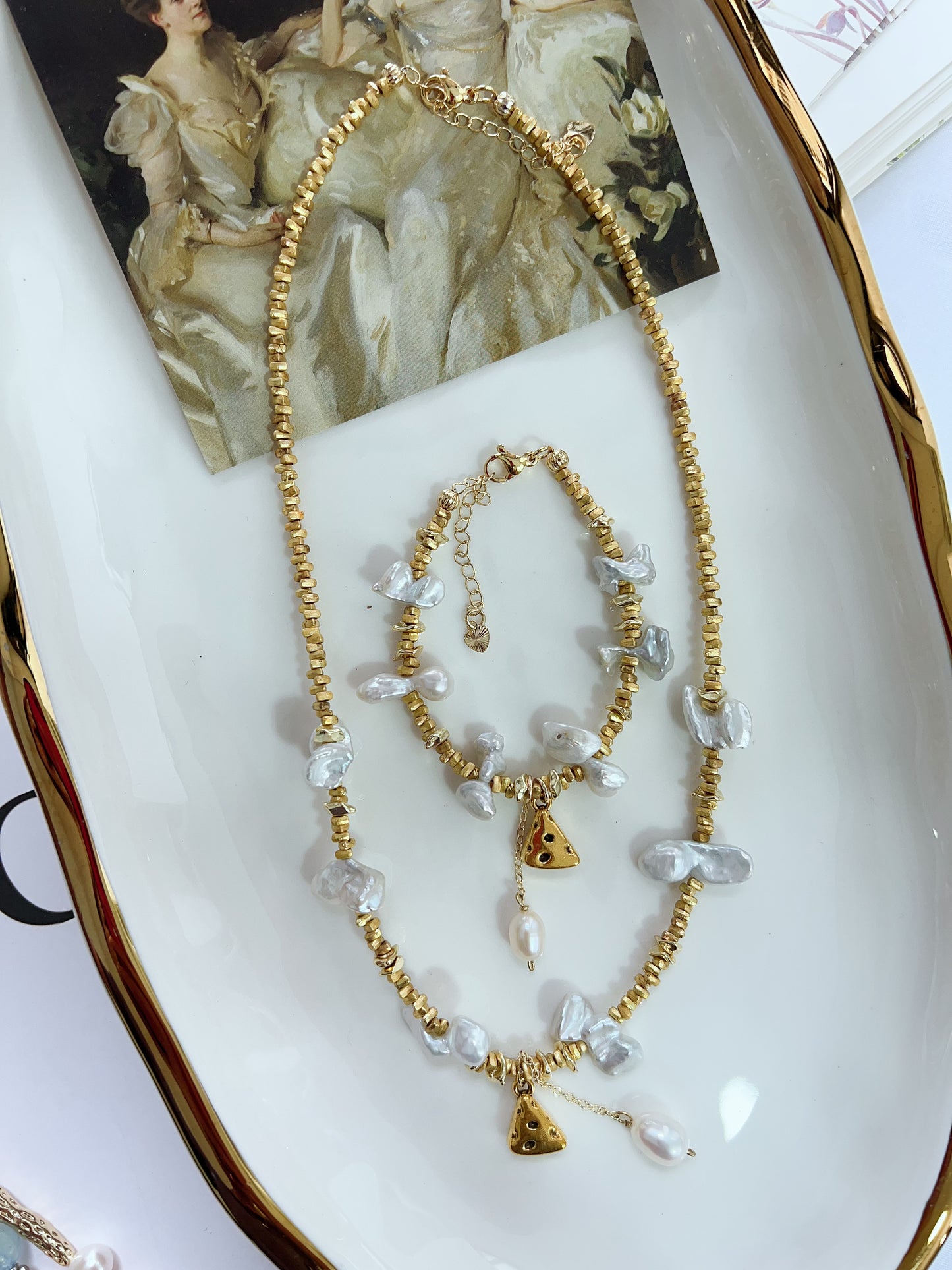 #PN1277 Freshwater pearl necklace & bracelet set irregular butterfly shaped pearl blue -silver lustre pendant cheese charm
