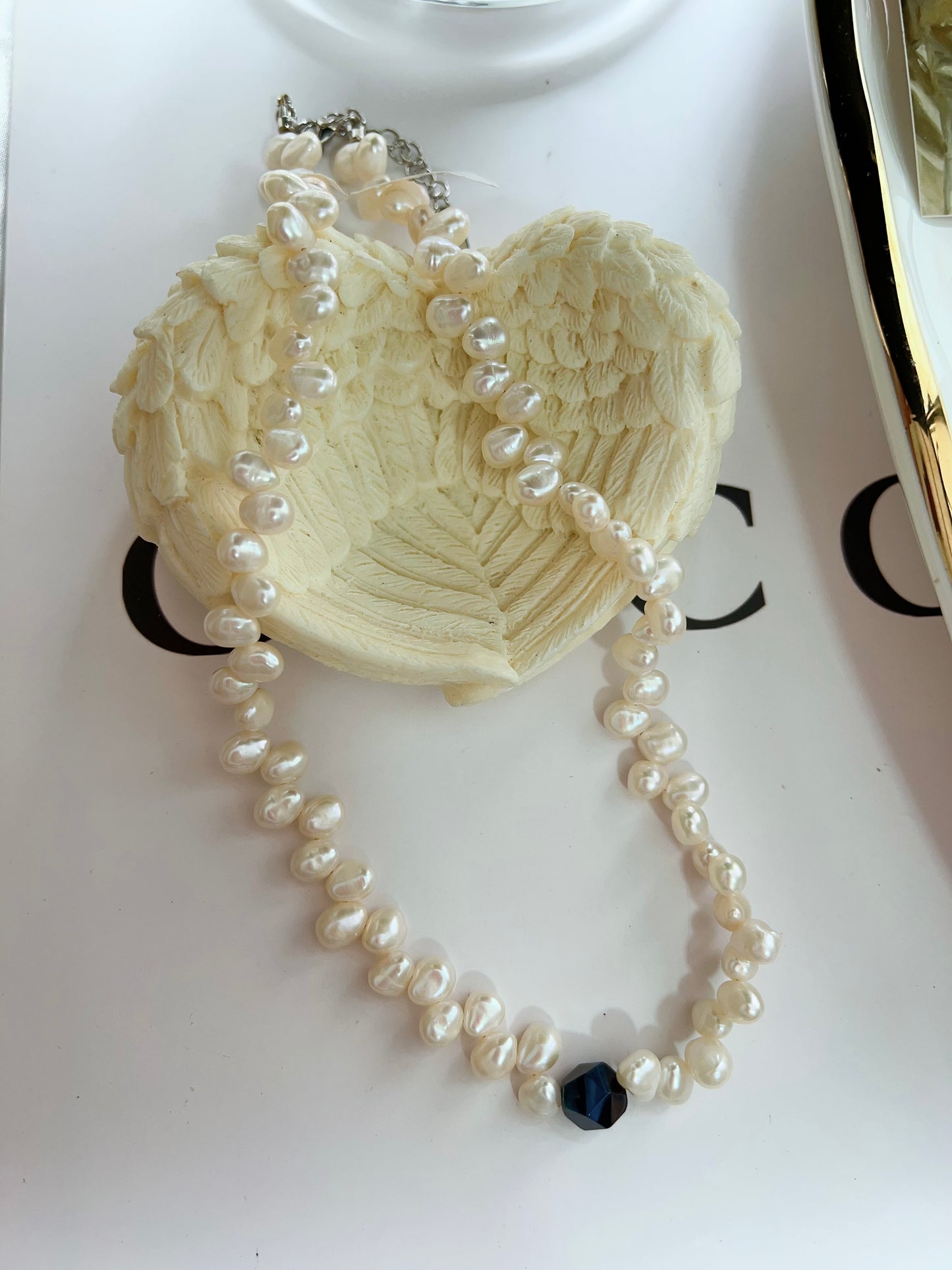 #PN1258 Freshwater pearl necklace 42+5cm agate faceted lace design