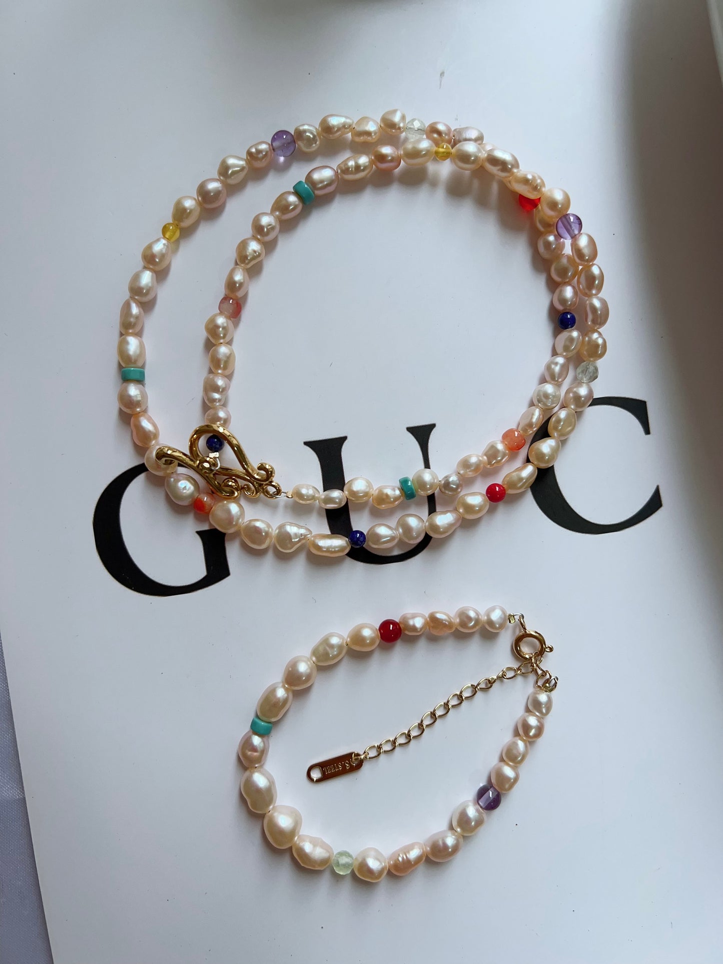 #PN1266 Freshwater Pearl Necklace & Bracelet Set champagne golden pearl rainbow natural stones agate amazonite lapis lazuli prehnite small beads