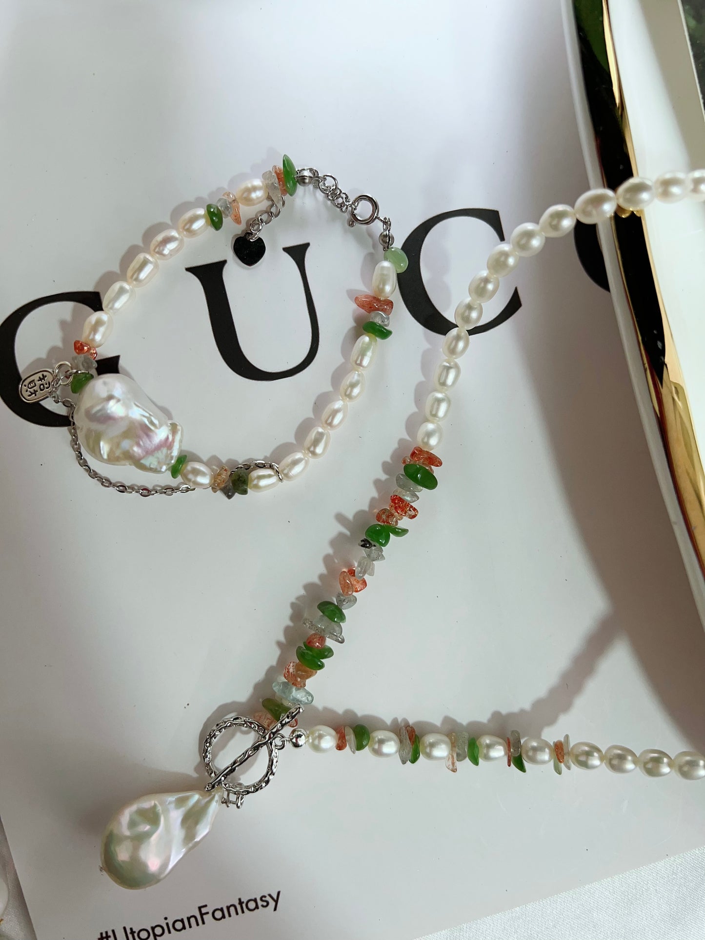 #PN1270 Freshwater pearl necklace & bracelet set agate Labradorite aventurine chips big fishtail baroque pendant lustrous