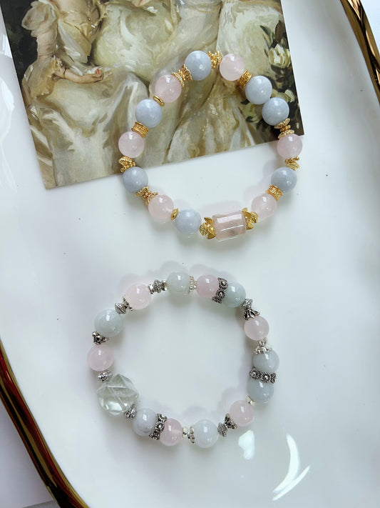 #B17 Crystal Bracelet Blue Calcite Rose Quartz Jadeite Flower Agate Barrel Green Quartz Freeform