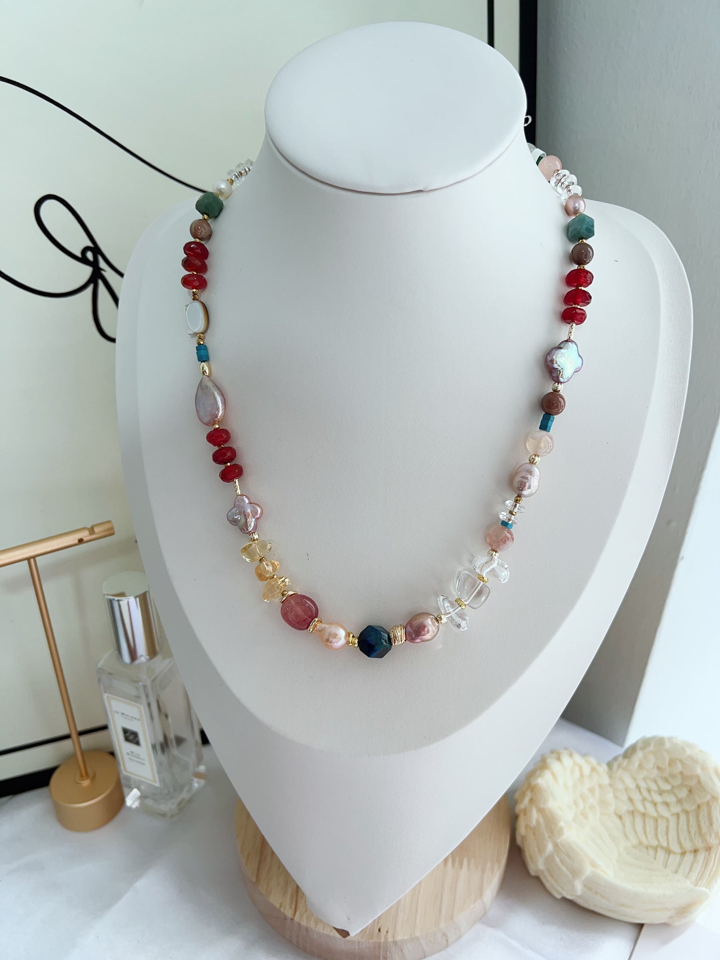 #PN1254 Freshwater Pearl Necklace 42+3cm agate abacus tear-drop pearl clover baroque clear quartz freeform citrine