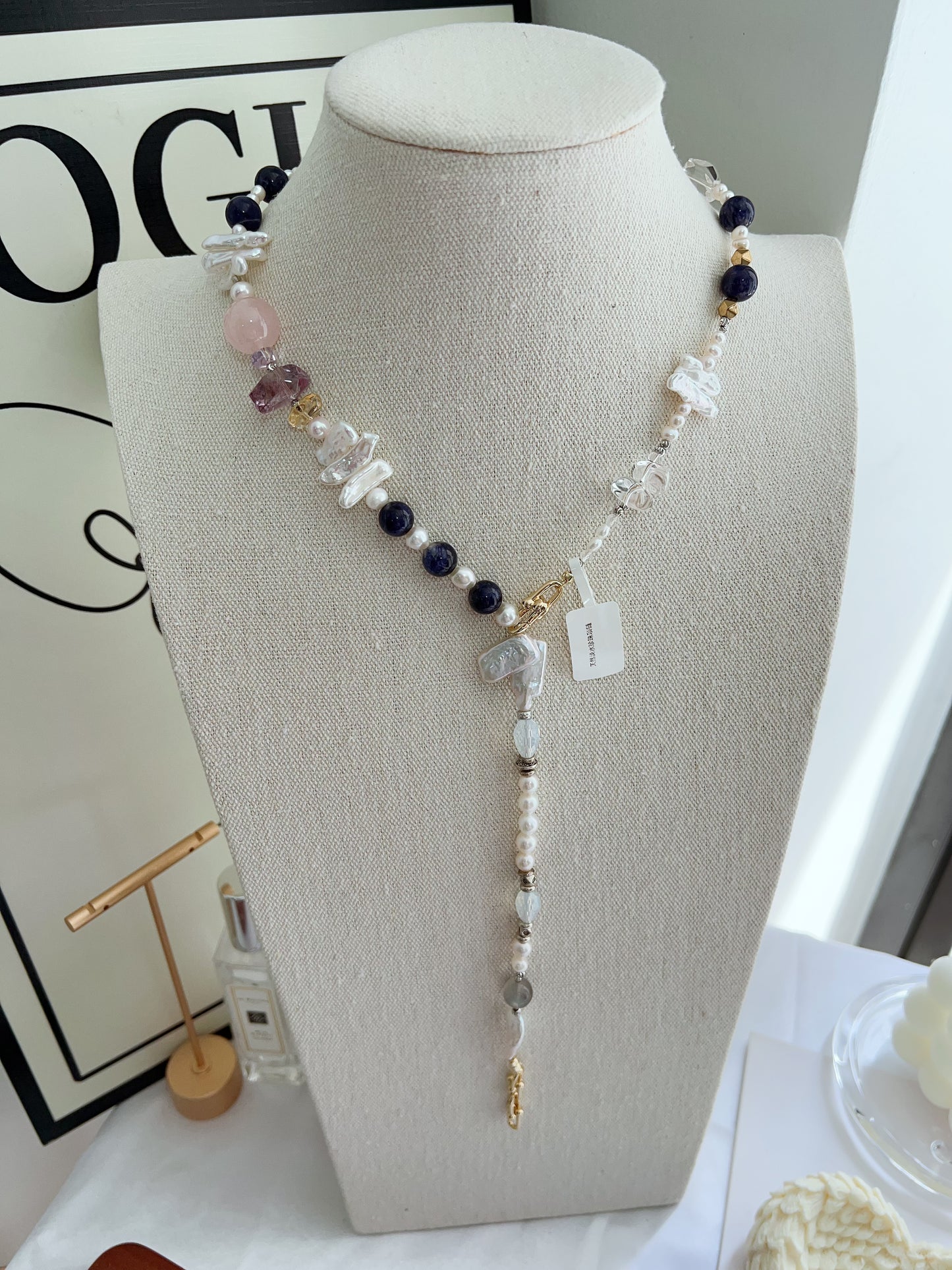 #PN1264 Freshwater pearl necklace 64cm tiger eye lapis lazuli rose quartz citrine amethyst lute pearl clear quartz multiple wearing