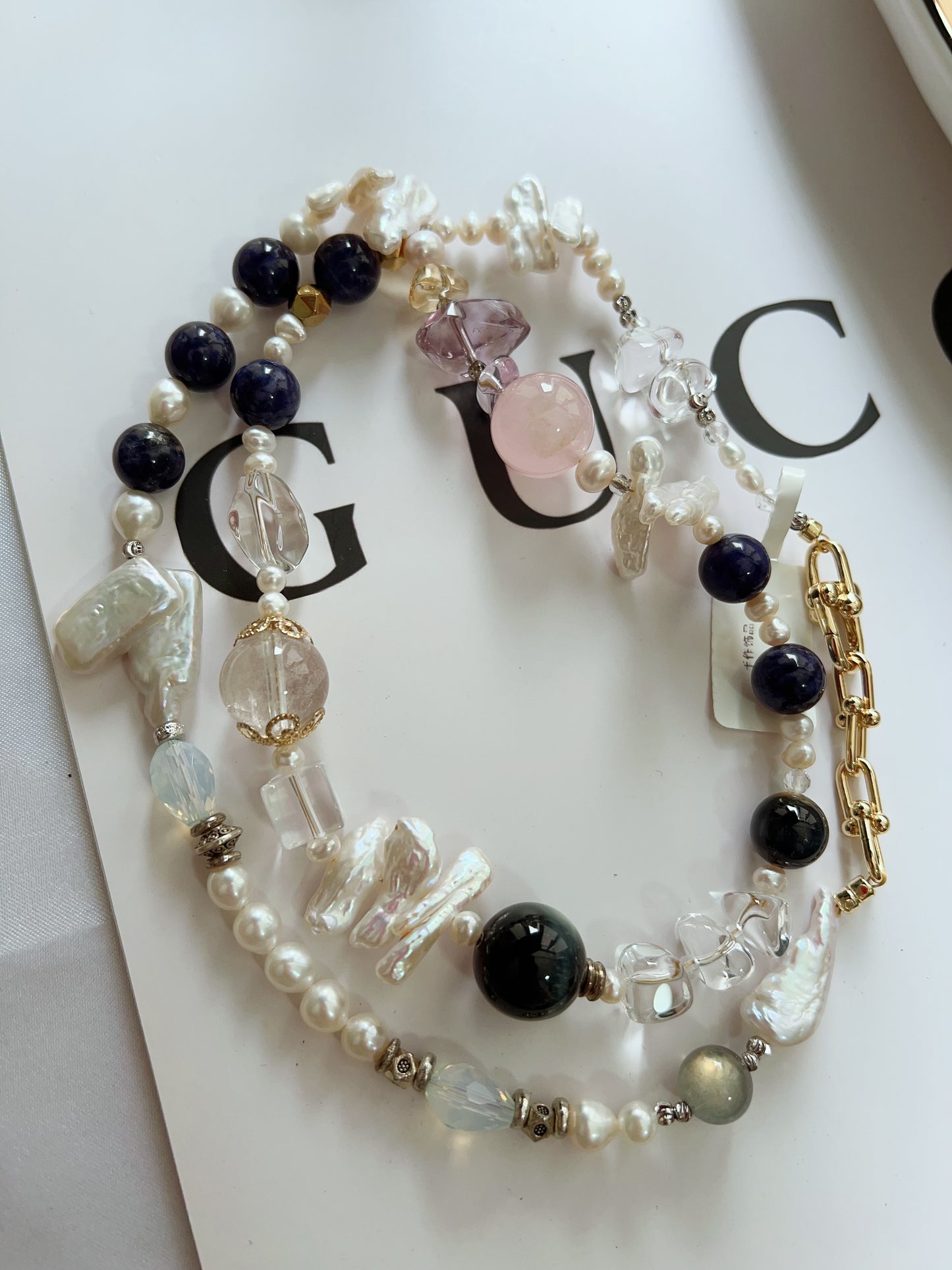 #PN1264 Freshwater pearl necklace 64cm tiger eye lapis lazuli rose quartz citrine amethyst lute pearl clear quartz multiple wearing