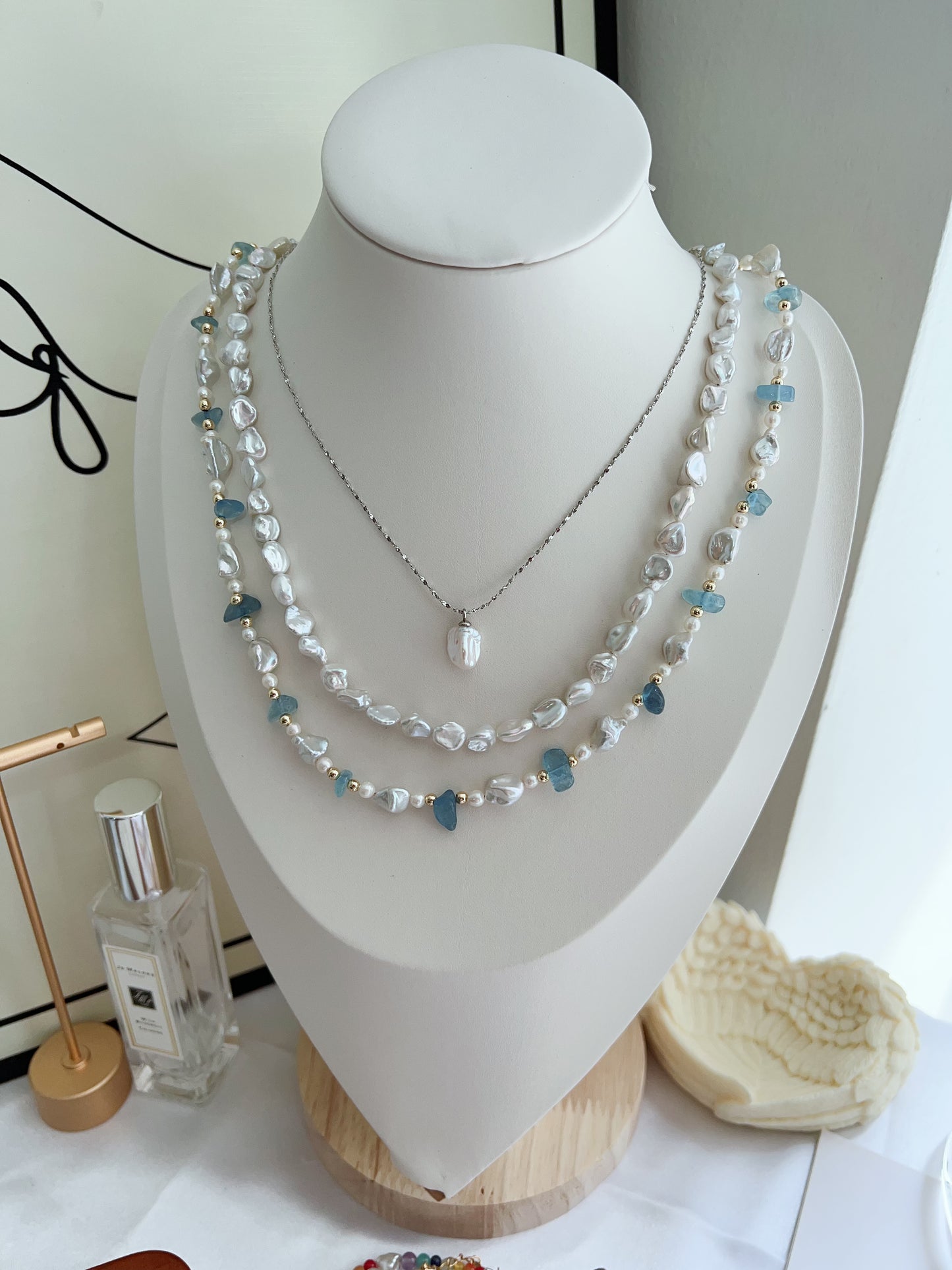 #PN1268 Freshwater pearl necklace set 3 pcs set high quality aquamarine chips ancient silver stone irregular pearl lustrous dainty pendant