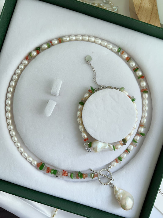 #PN1270 Freshwater pearl necklace & bracelet set agate Labradorite aventurine chips big fishtail baroque pendant lustrous