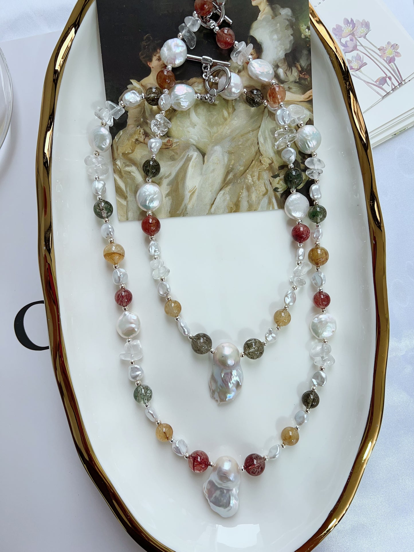 #PN1279 Freshwater pearl necklace high quality rutile colorful Rutilated quartz coin baroque pearl fishtail baroque pearl