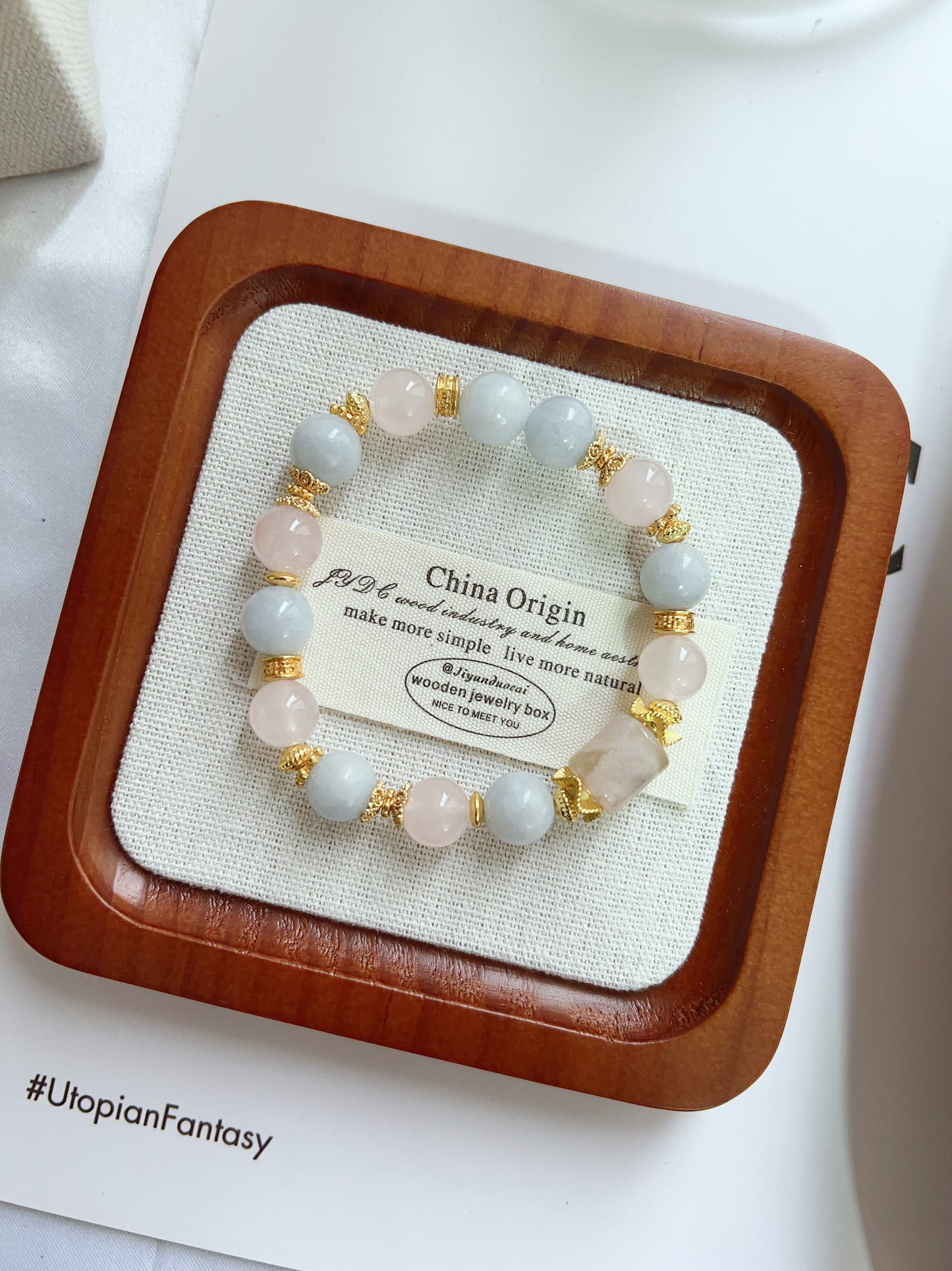 #B17 Crystal Bracelet Blue Calcite Rose Quartz Jadeite Flower Agate Barrel Green Quartz Freeform