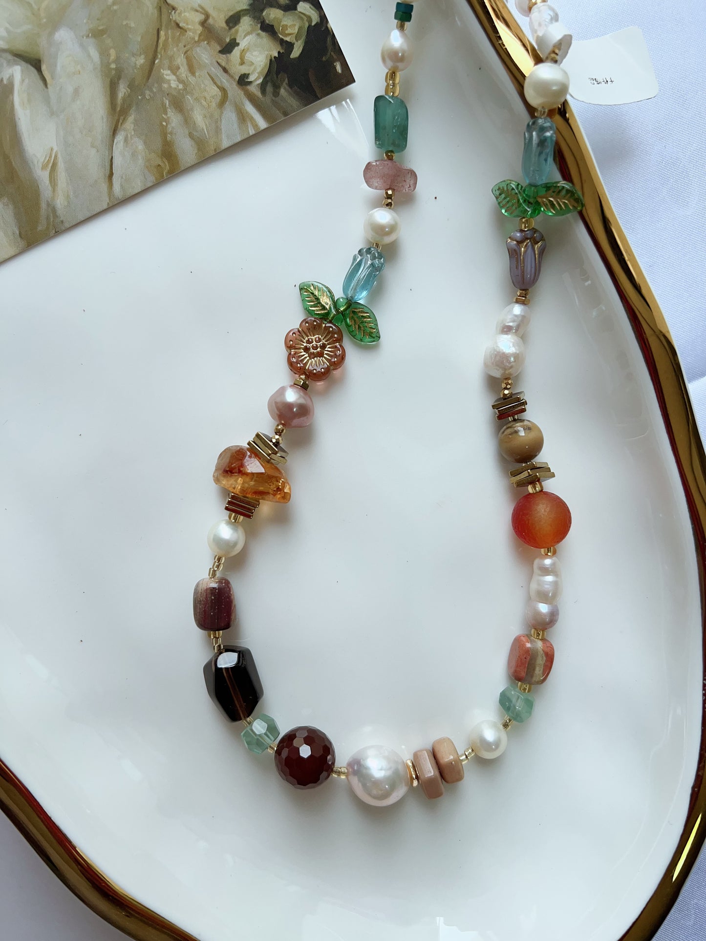 #PN1262 Freshwater pearl necklace agate fluorite citrine flower & leaf design colorful 43+5cm