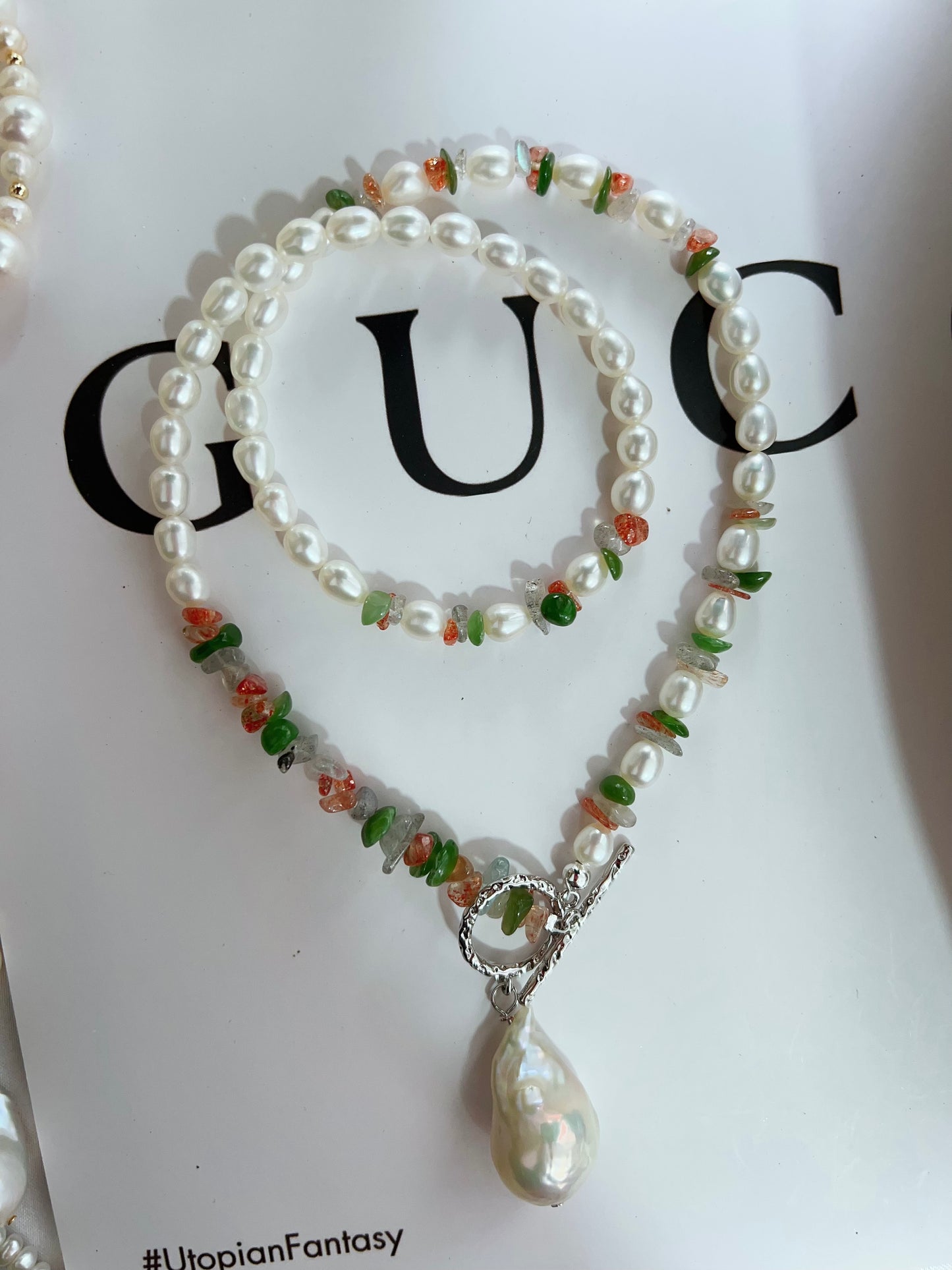 #PN1270 Freshwater pearl necklace & bracelet set agate Labradorite aventurine chips big fishtail baroque pendant lustrous