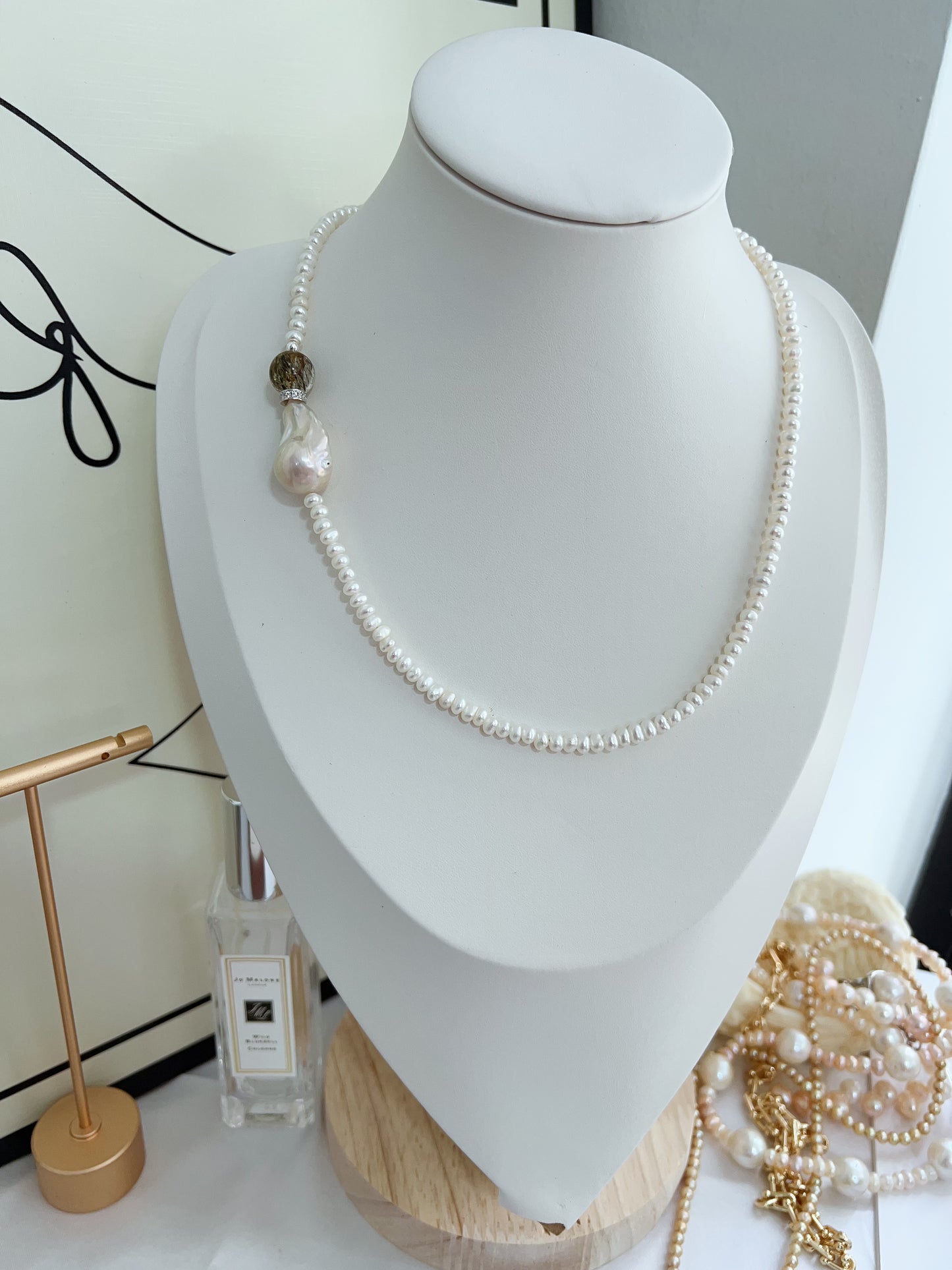 #PN1274 Freshwater pearl necklace high clarity green rutile cold lustre fishtail baroque pearl baby pearl excellent lustre