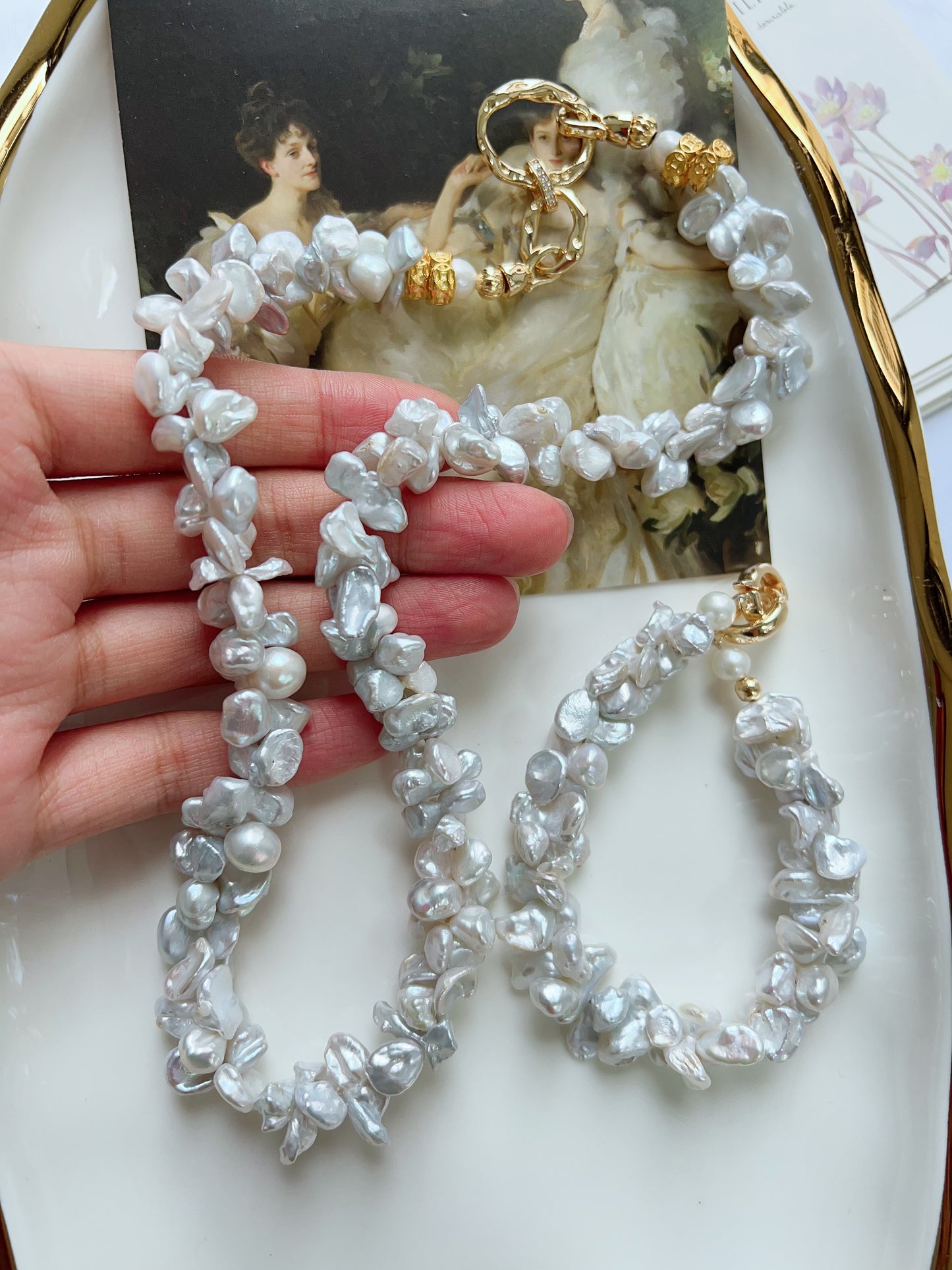 #PN1245 Freshwater Pearl Necklace & Bracelet Set 19cm 47cm caterpillar design blue grey Lustre can connect to wear double-end clasp bracelet butterfly irregular Pearl