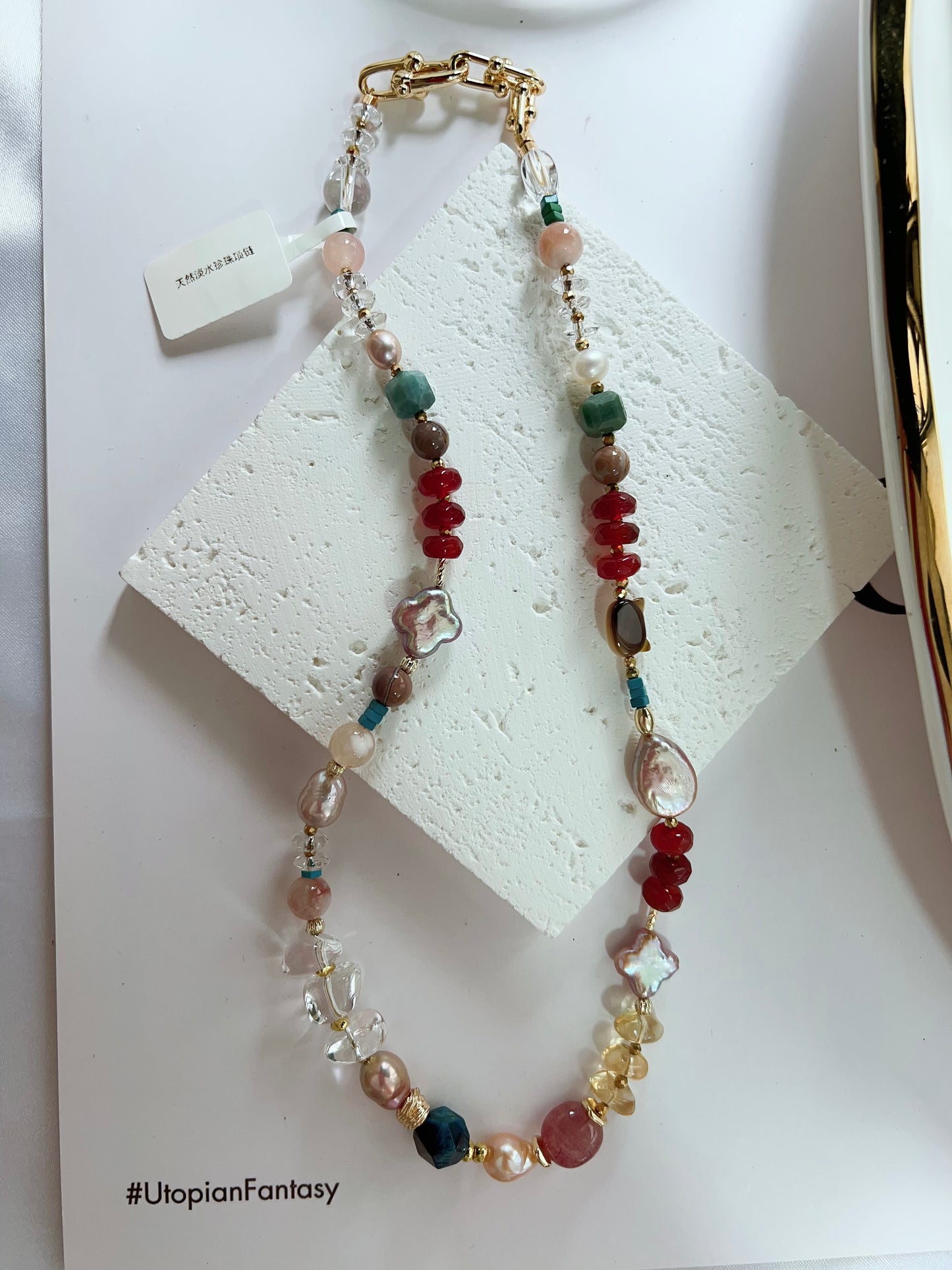#PN1254 Freshwater Pearl Necklace 42+3cm agate abacus tear-drop pearl clover baroque clear quartz freeform citrine