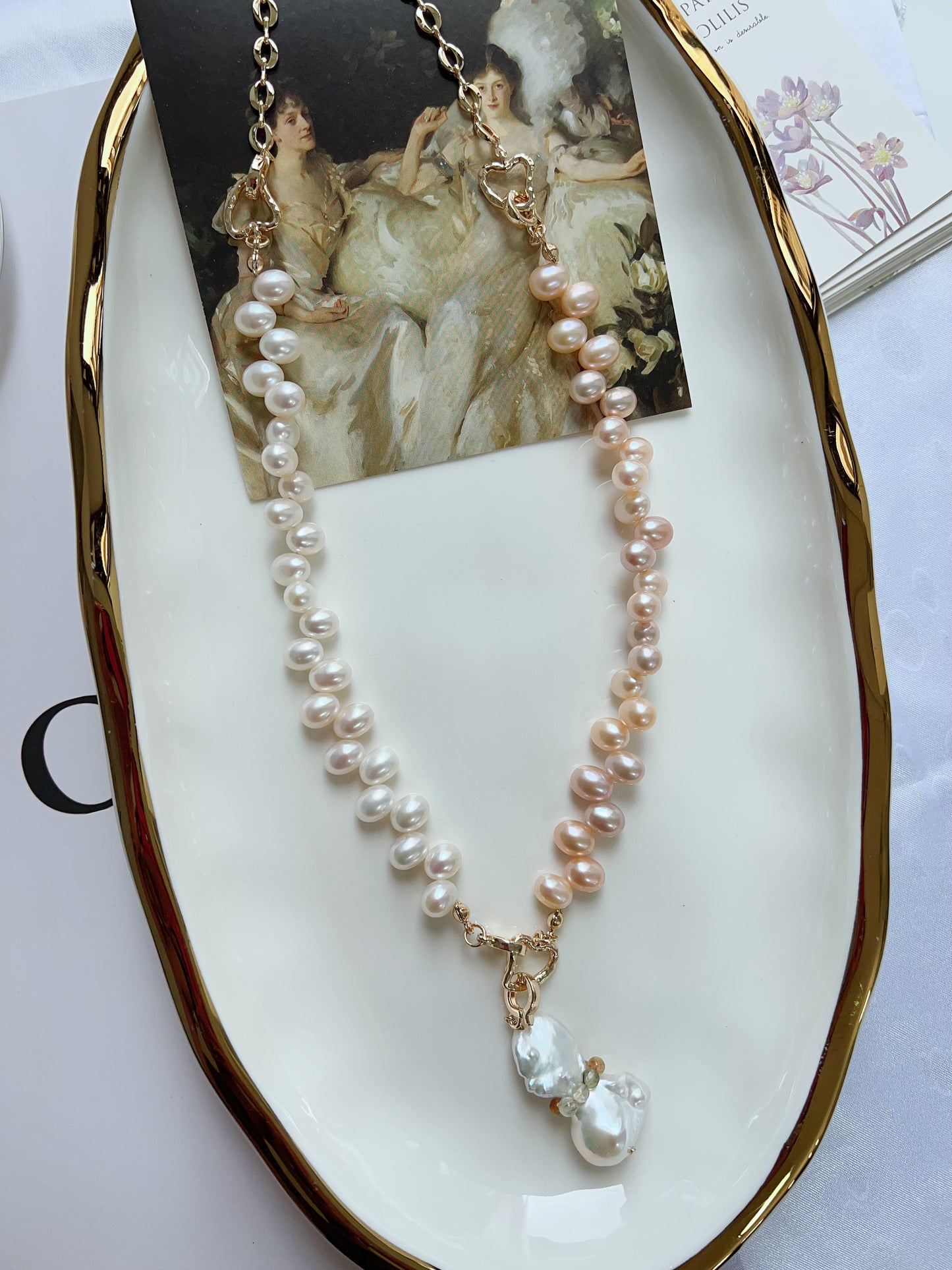 #PN1244 Freshwater Pearl Necklace / bracelet multi-functional 54cm versatile lace design chain Detachable Pendant Big Fishtail Baroque Pearl wearing a belt rabbit hair