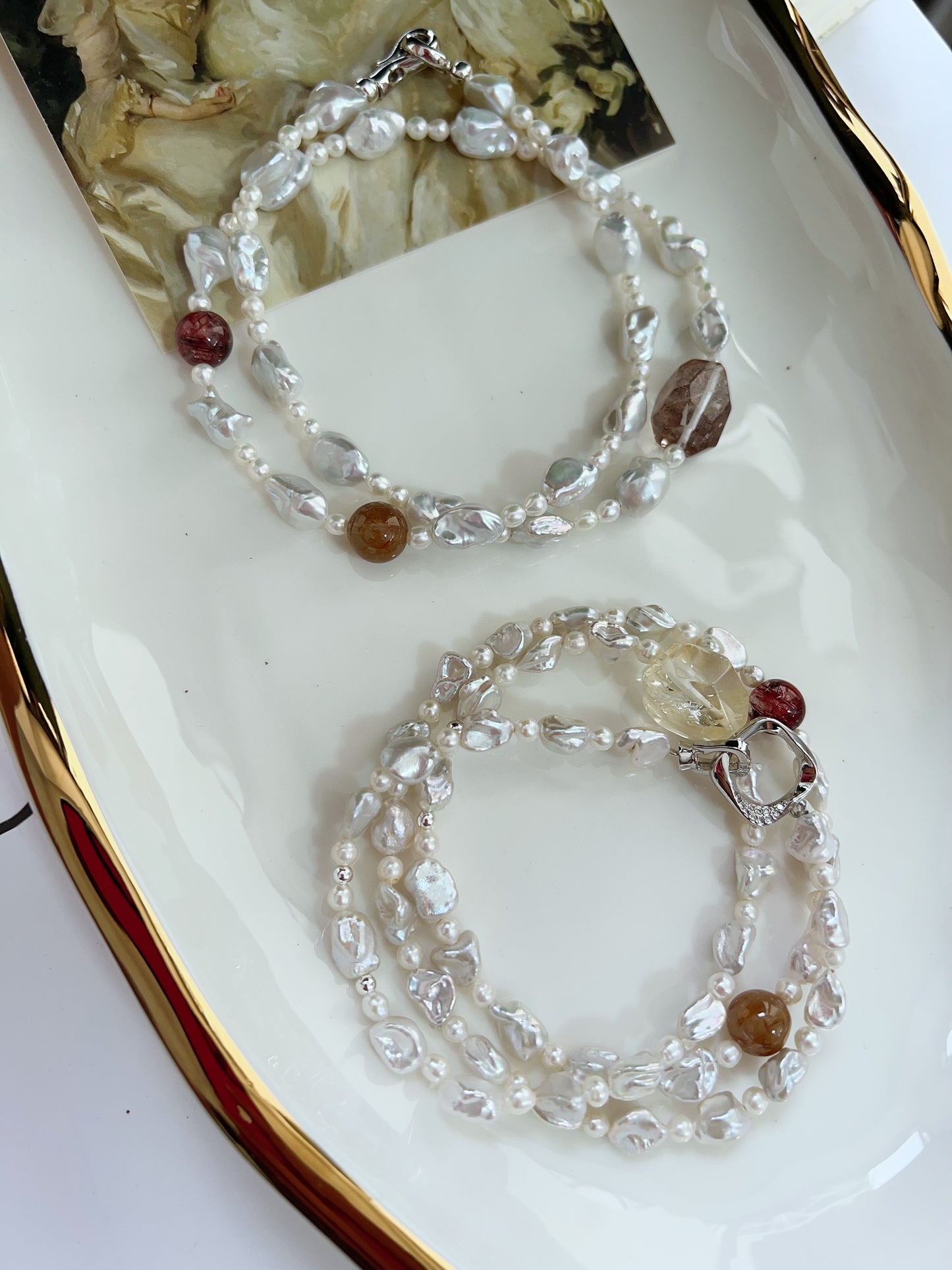 #PN1272 Freshwater pearl necklace silver stone irregular pearls silver lustre red rutile citrine freeform hematoid freeform 48cm 57cm