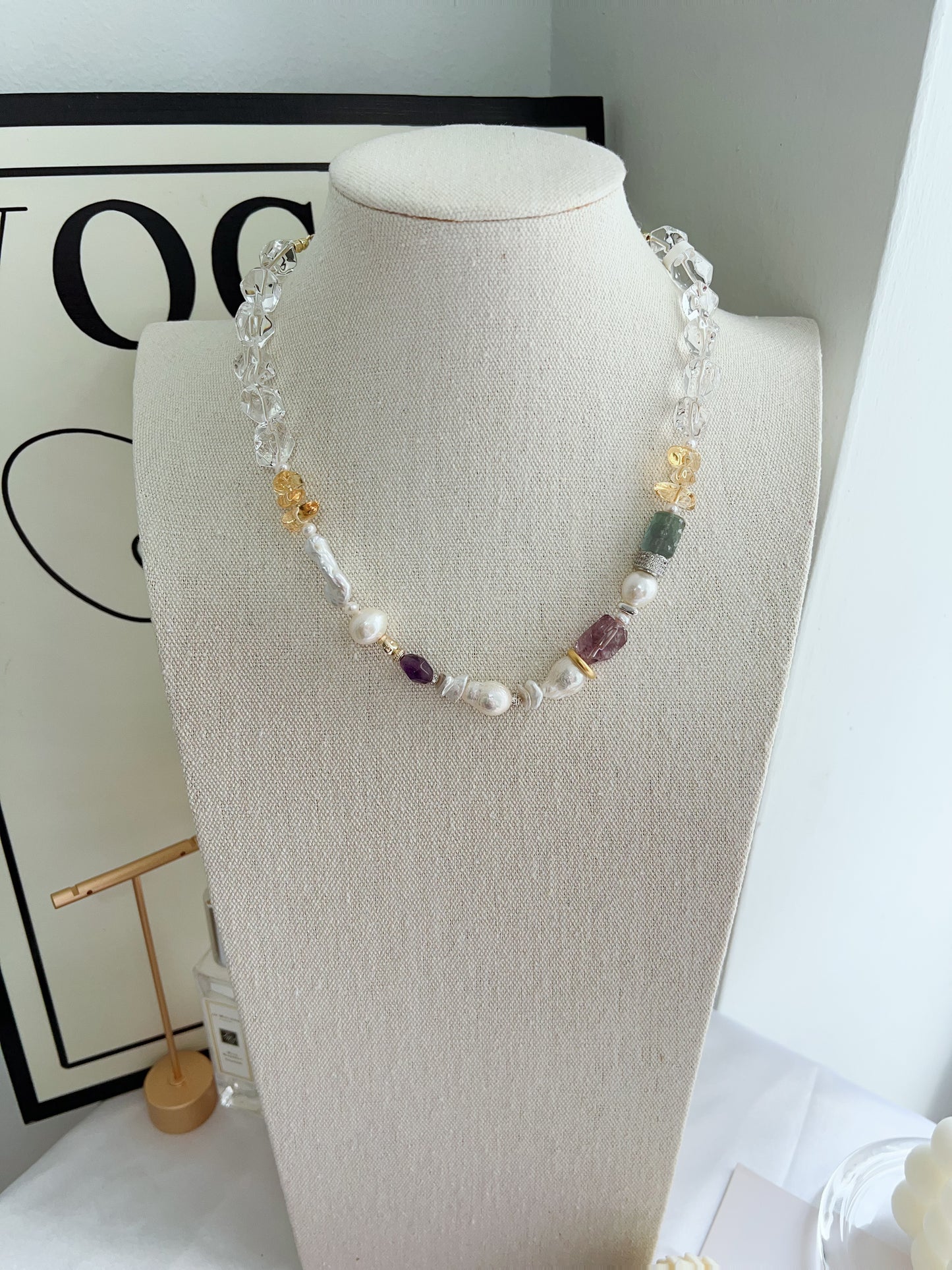 #PN1257 Freshwater pearl necklace 38+12cm clear quartz freeform carved fluorite amethyst irregular baroque