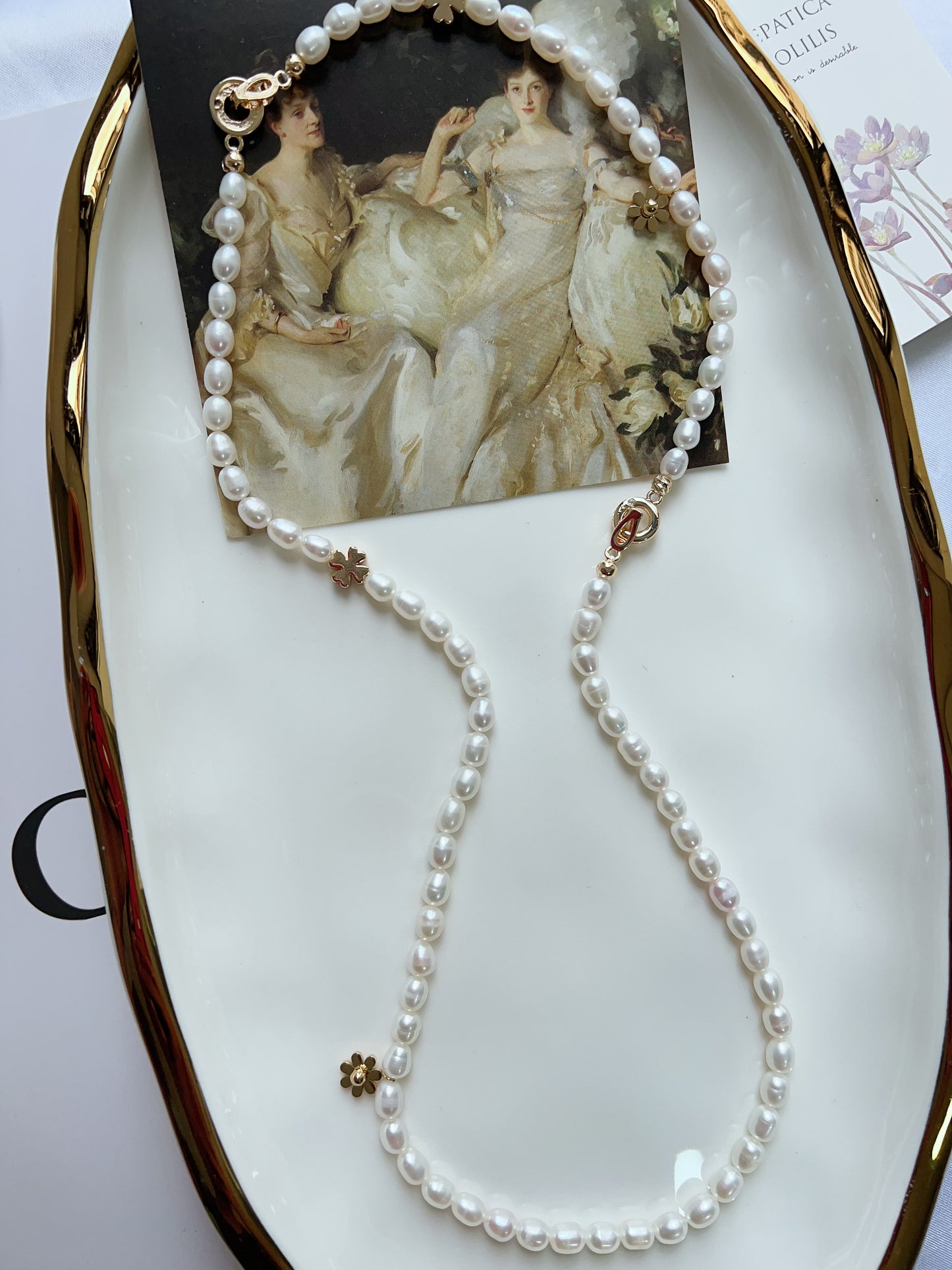 #PN1282 Freshwater pearl necklace & bracelet set rice shaped baroque pearl daisy pendant flower charm simple and elegant