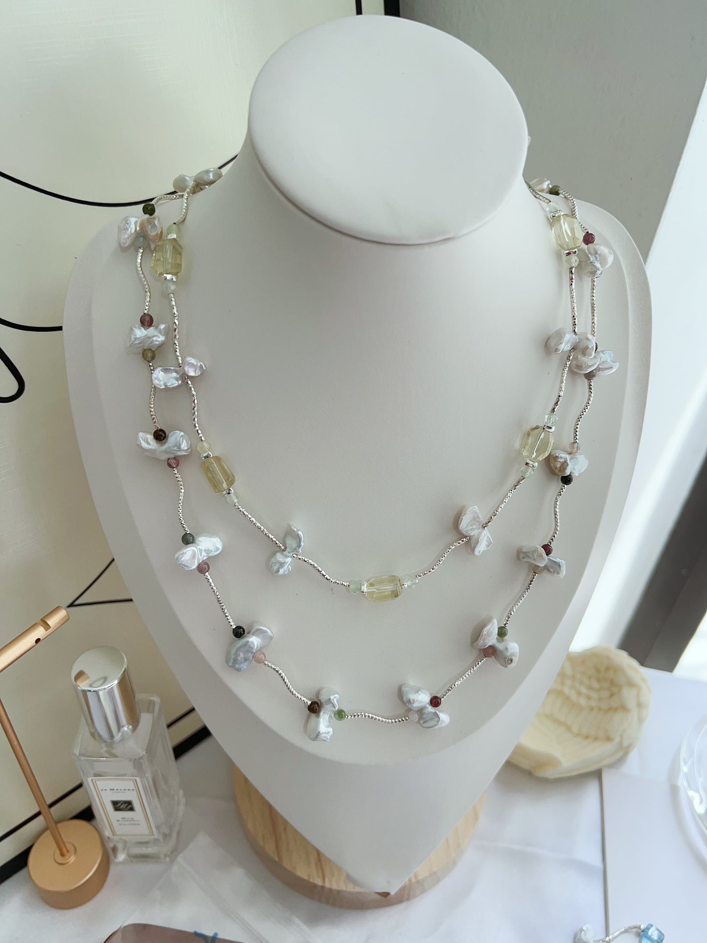 #PN1265 Freshwater Pearl Necklace citrine freeform aquamarine freeform mini tourmaline irregular butterfly baroque pearl unique design fishtail baroque pearl pendant