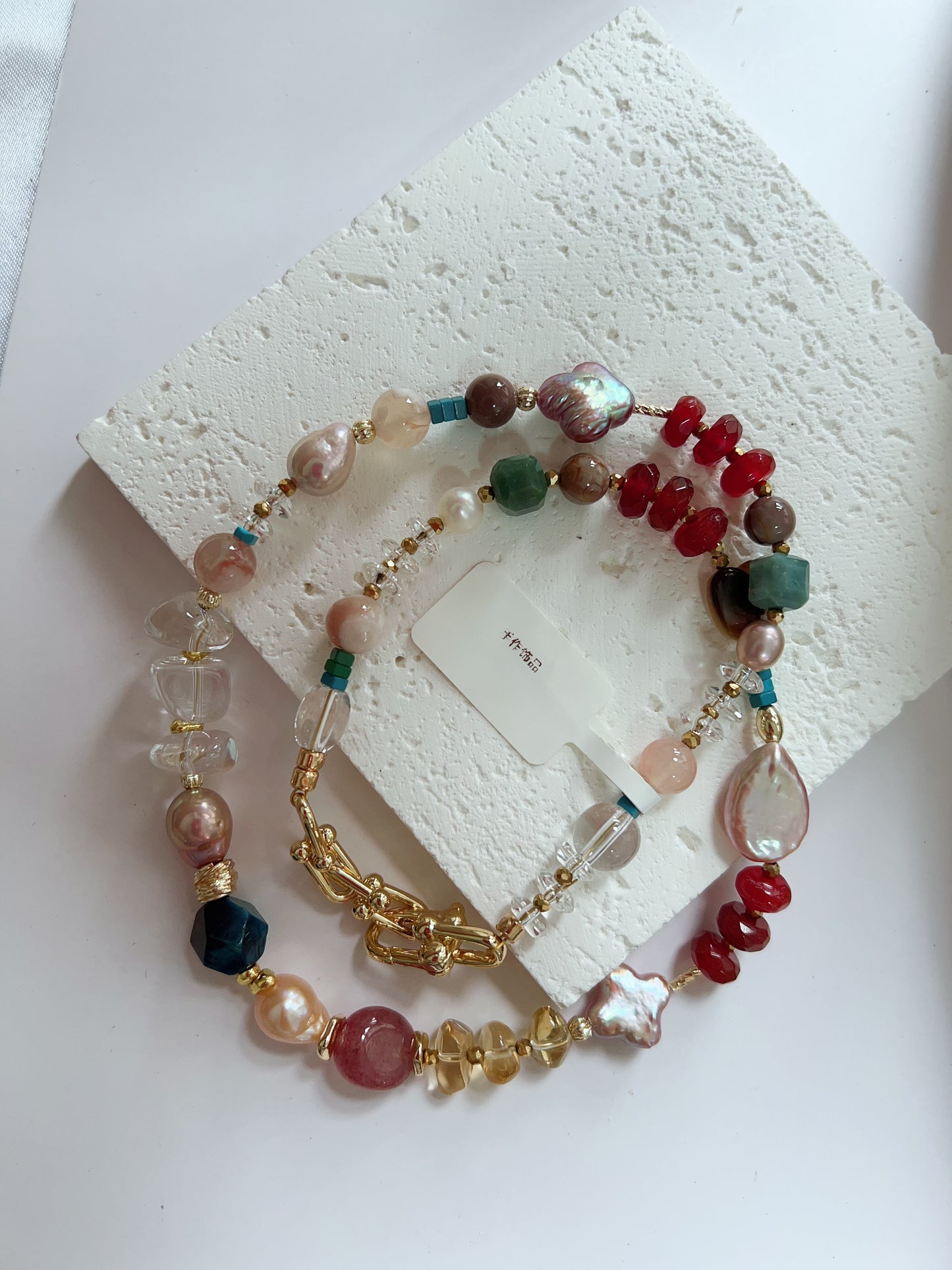 #PN1254 Freshwater Pearl Necklace 42+3cm agate abacus tear-drop pearl clover baroque clear quartz freeform citrine