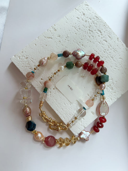 #PN1254 Freshwater Pearl Necklace 42+3cm agate abacus tear-drop pearl clover baroque clear quartz freeform citrine