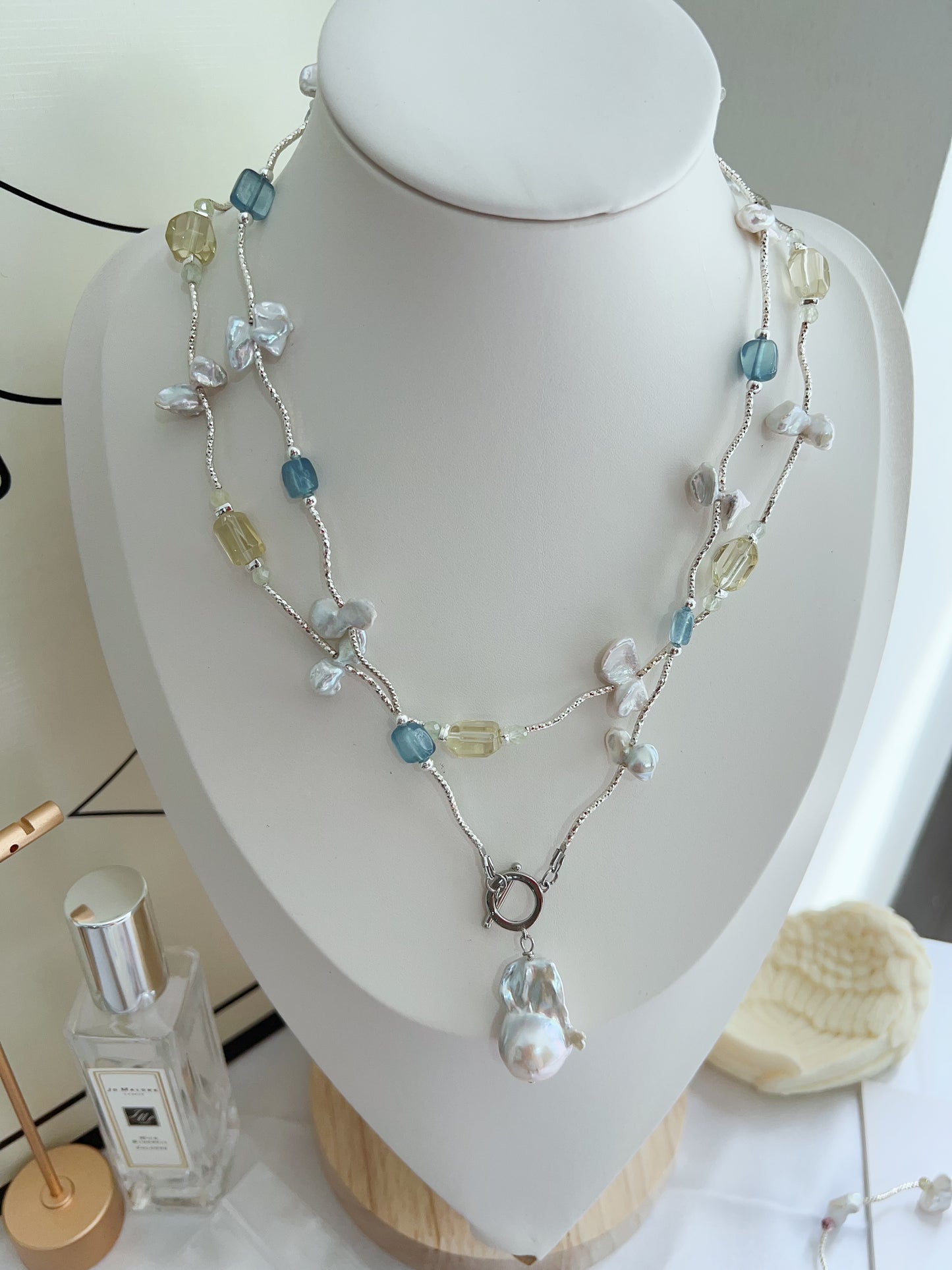 #PN1265 Freshwater Pearl Necklace citrine freeform aquamarine freeform mini tourmaline irregular butterfly baroque pearl unique design fishtail baroque pearl pendant