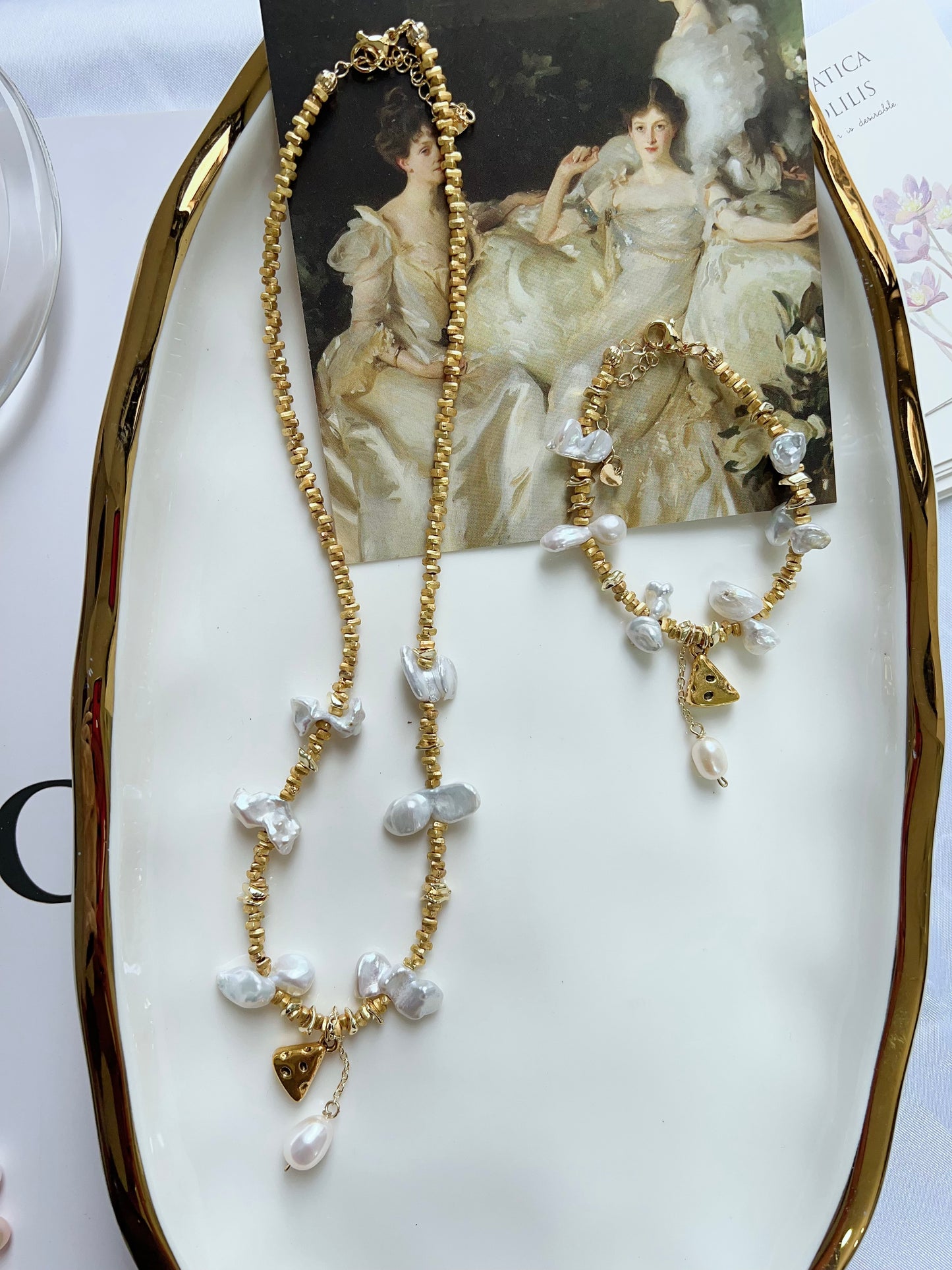 #PN1277 Freshwater pearl necklace & bracelet set irregular butterfly shaped pearl blue -silver lustre pendant cheese charm
