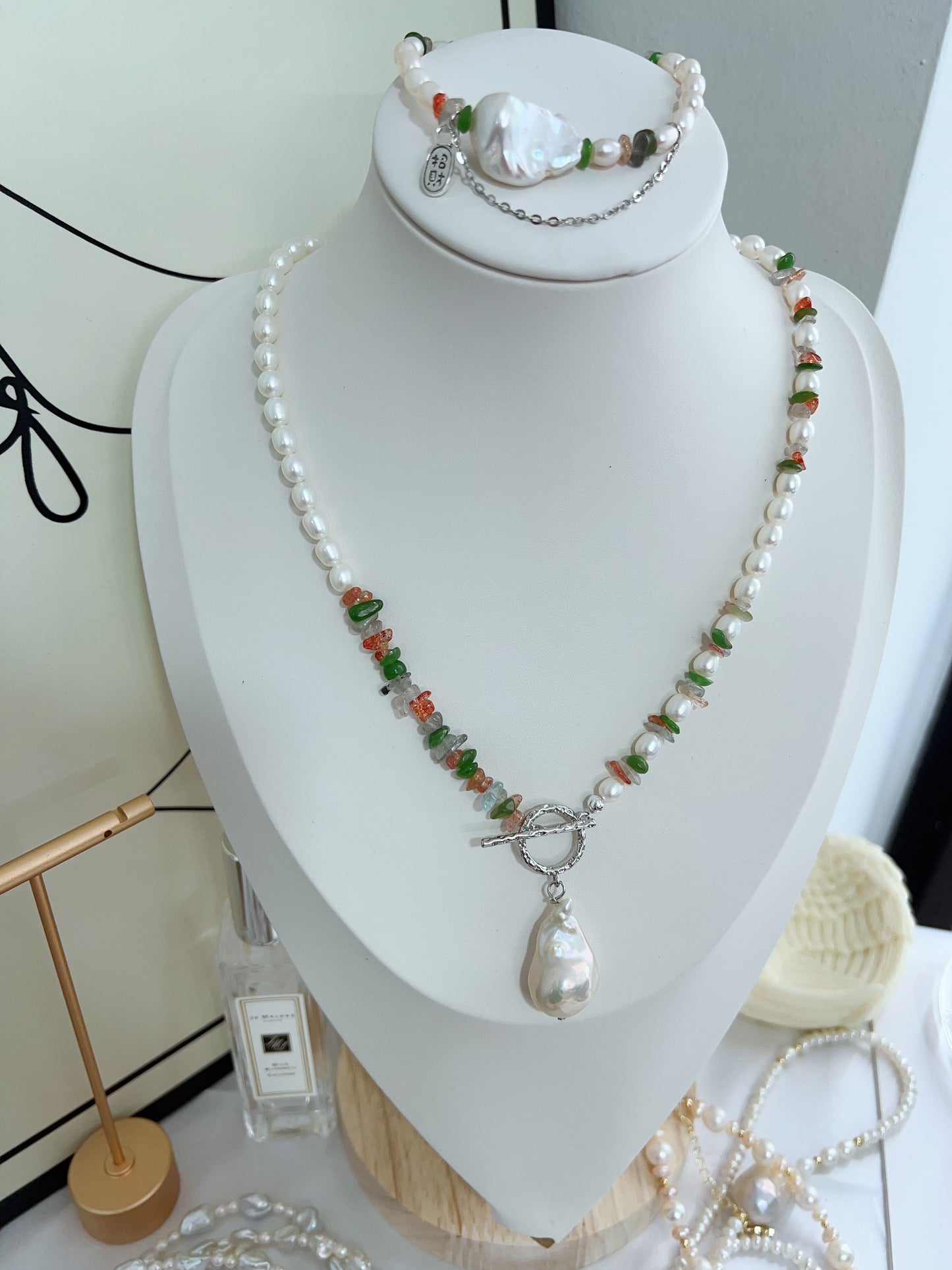 #PN1270 Freshwater pearl necklace & bracelet set agate Labradorite aventurine chips big fishtail baroque pendant lustrous