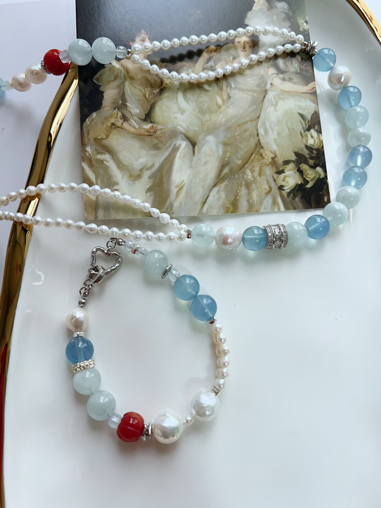 #PN1283 Freshwater pearl necklace & bracelet set top quality aquamarine gradient color Jinsi jade double-layered baby pearl
