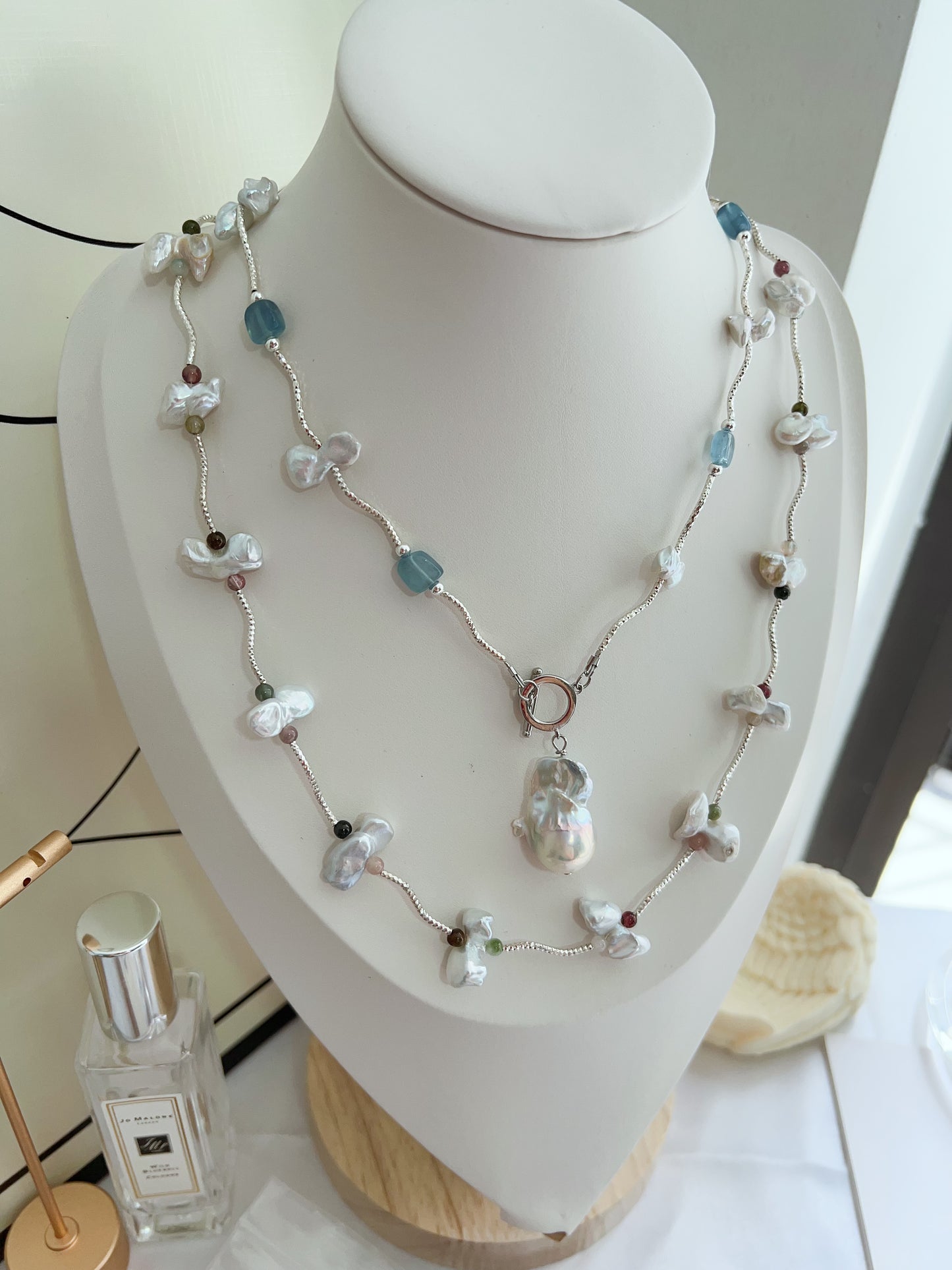 #PN1265 Freshwater Pearl Necklace citrine freeform aquamarine freeform mini tourmaline irregular butterfly baroque pearl unique design fishtail baroque pearl pendant