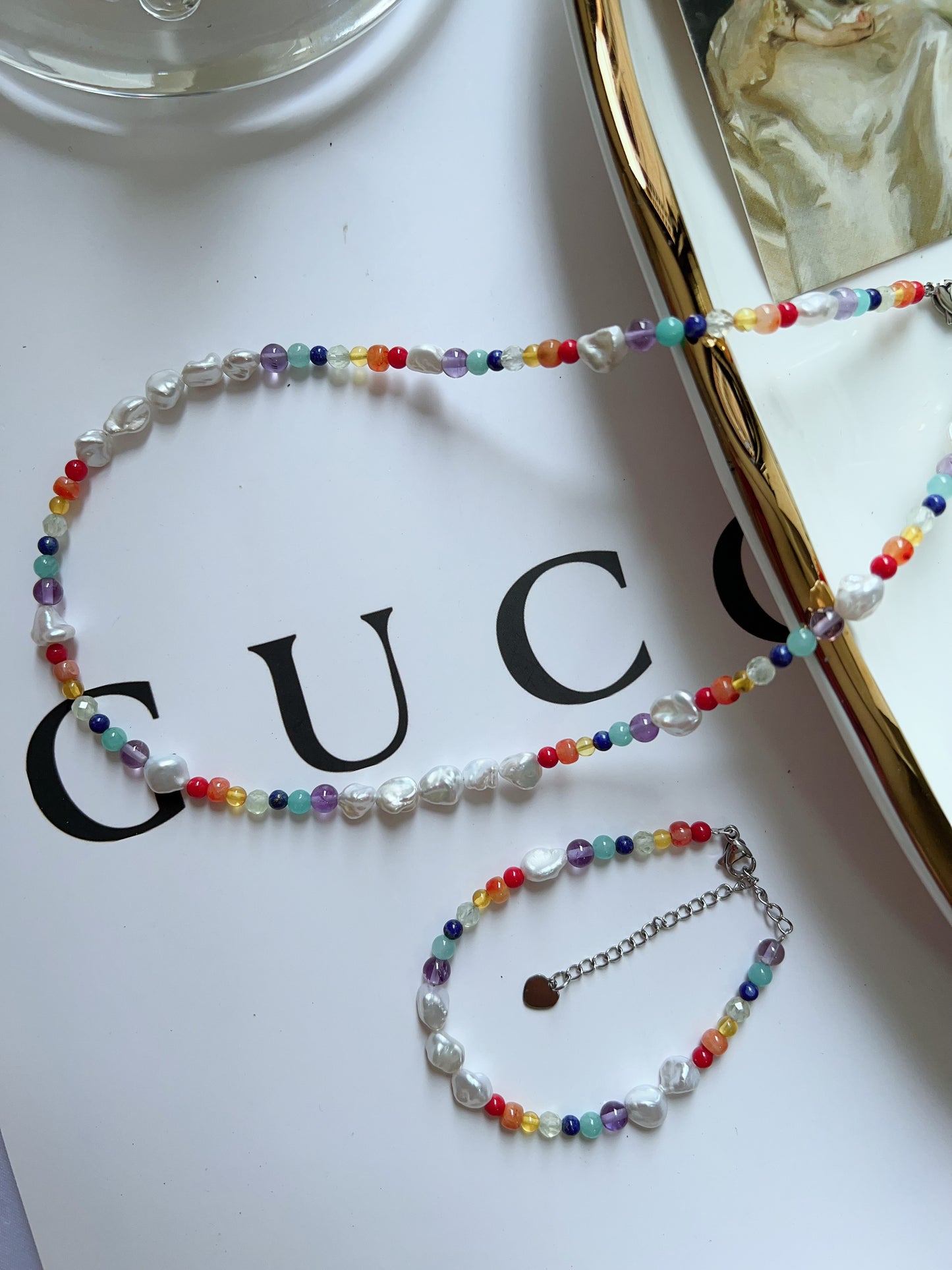 #PN1267 Freshwater pearl necklace & bracelet set rainbow design agate prehnite beeswax lapis lazuli amazonite amethyst irregular lustrous stone pearl