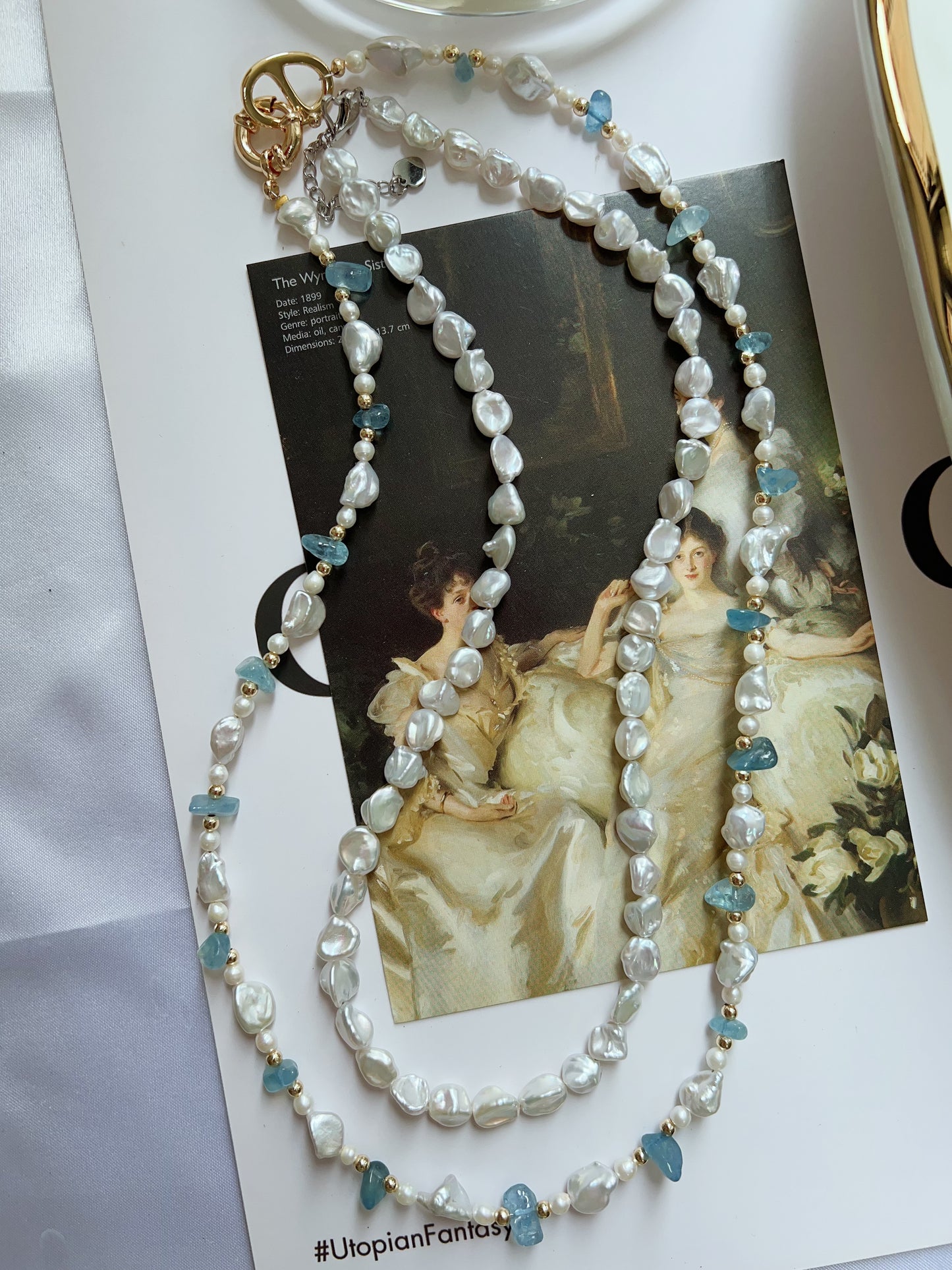 #PN1268 Freshwater pearl necklace set 3 pcs set high quality aquamarine chips ancient silver stone irregular pearl lustrous dainty pendant