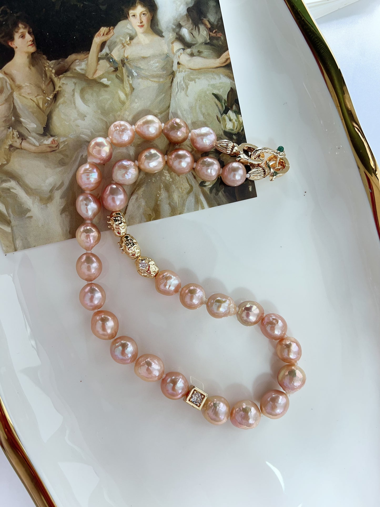 #PN1252 Freshwater Pearl Necklace 40cm lustrous golden wrinkle baroque pearl zircon