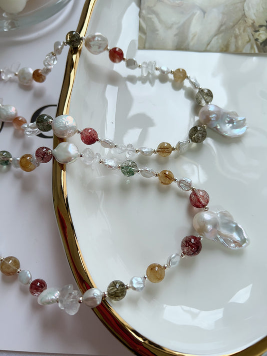 #PN1279 Freshwater pearl necklace high quality rutile colorful Rutilated quartz coin baroque pearl fishtail baroque pearl