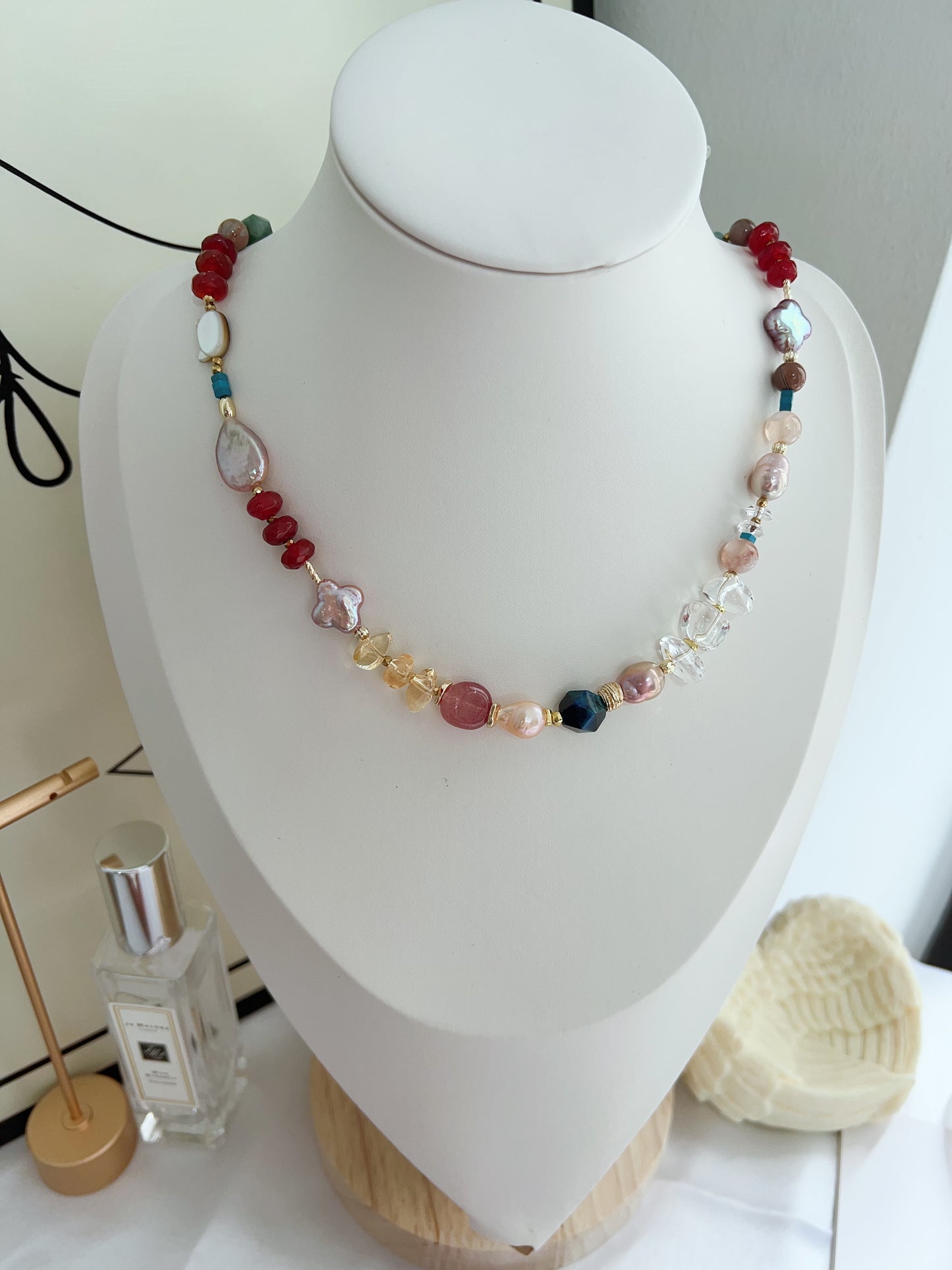 #PN1254 Freshwater Pearl Necklace 42+3cm agate abacus tear-drop pearl clover baroque clear quartz freeform citrine