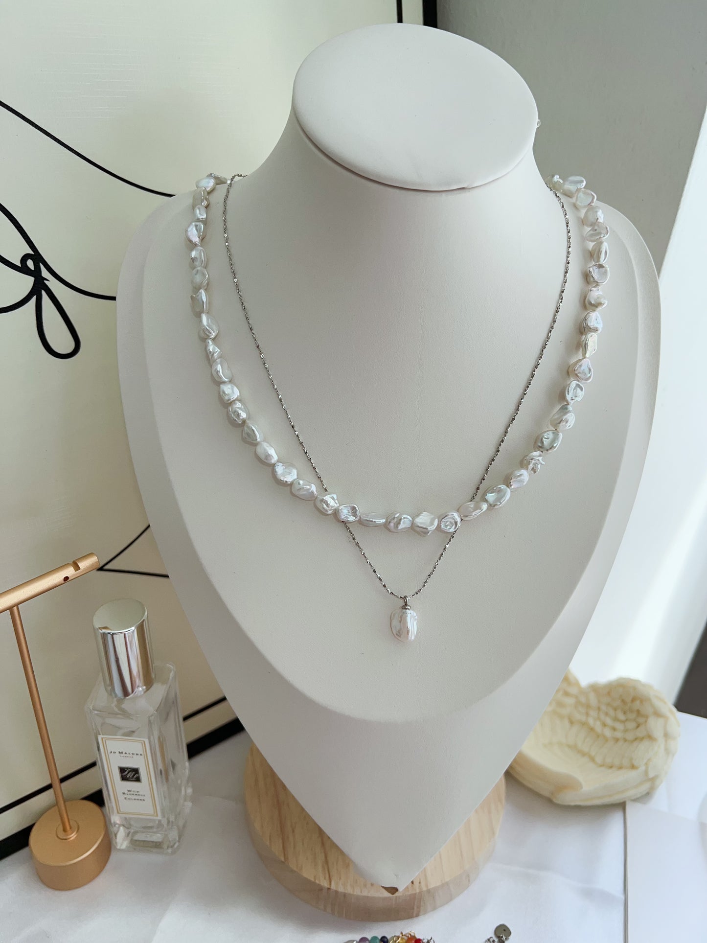#PN1268 Freshwater pearl necklace set 3 pcs set high quality aquamarine chips ancient silver stone irregular pearl lustrous dainty pendant