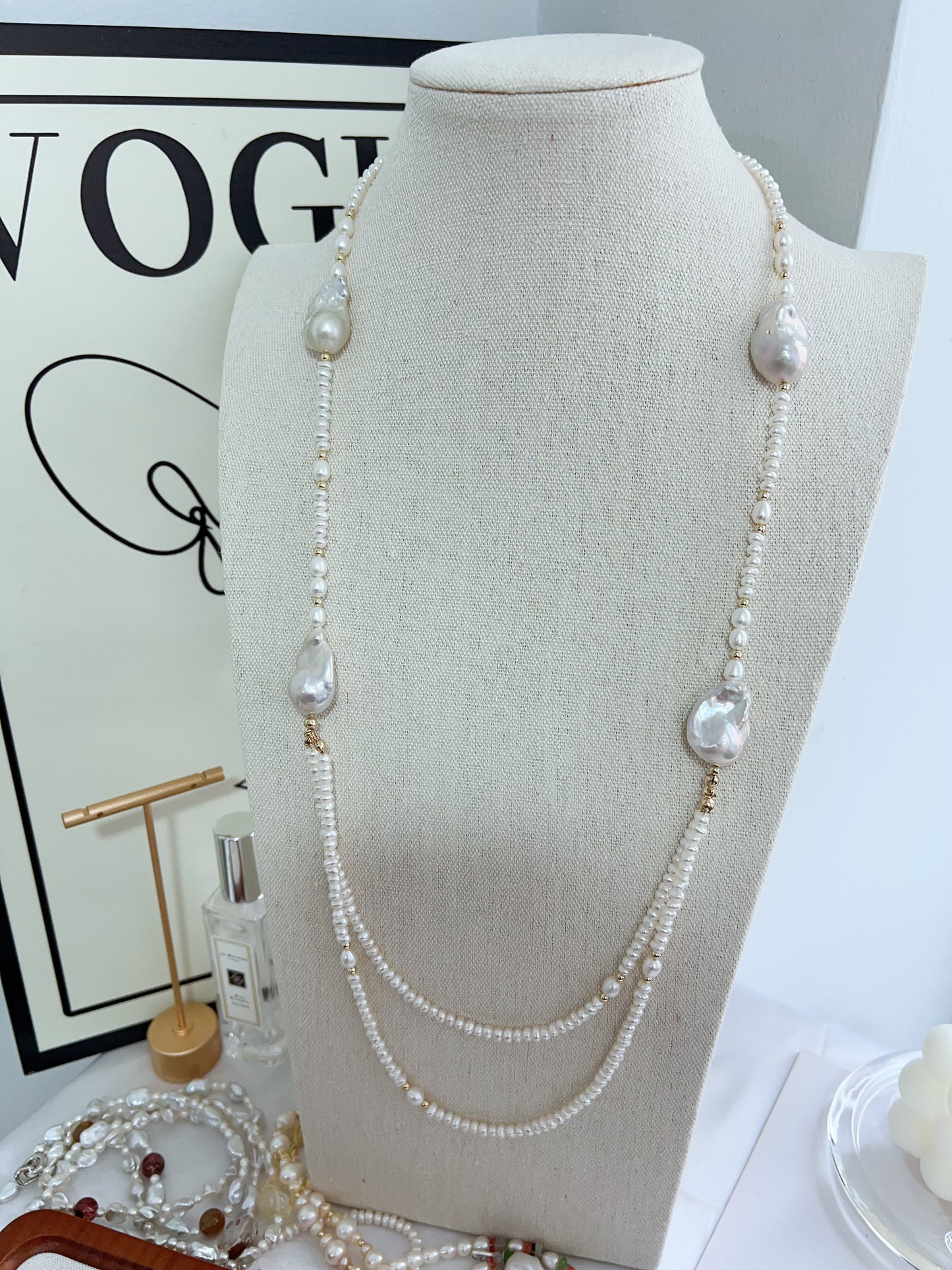 #PN1269 Freshwater pearl necklace long necklace 2-layer big fishtail baroque pearl baby pearl 76cm NO clasp