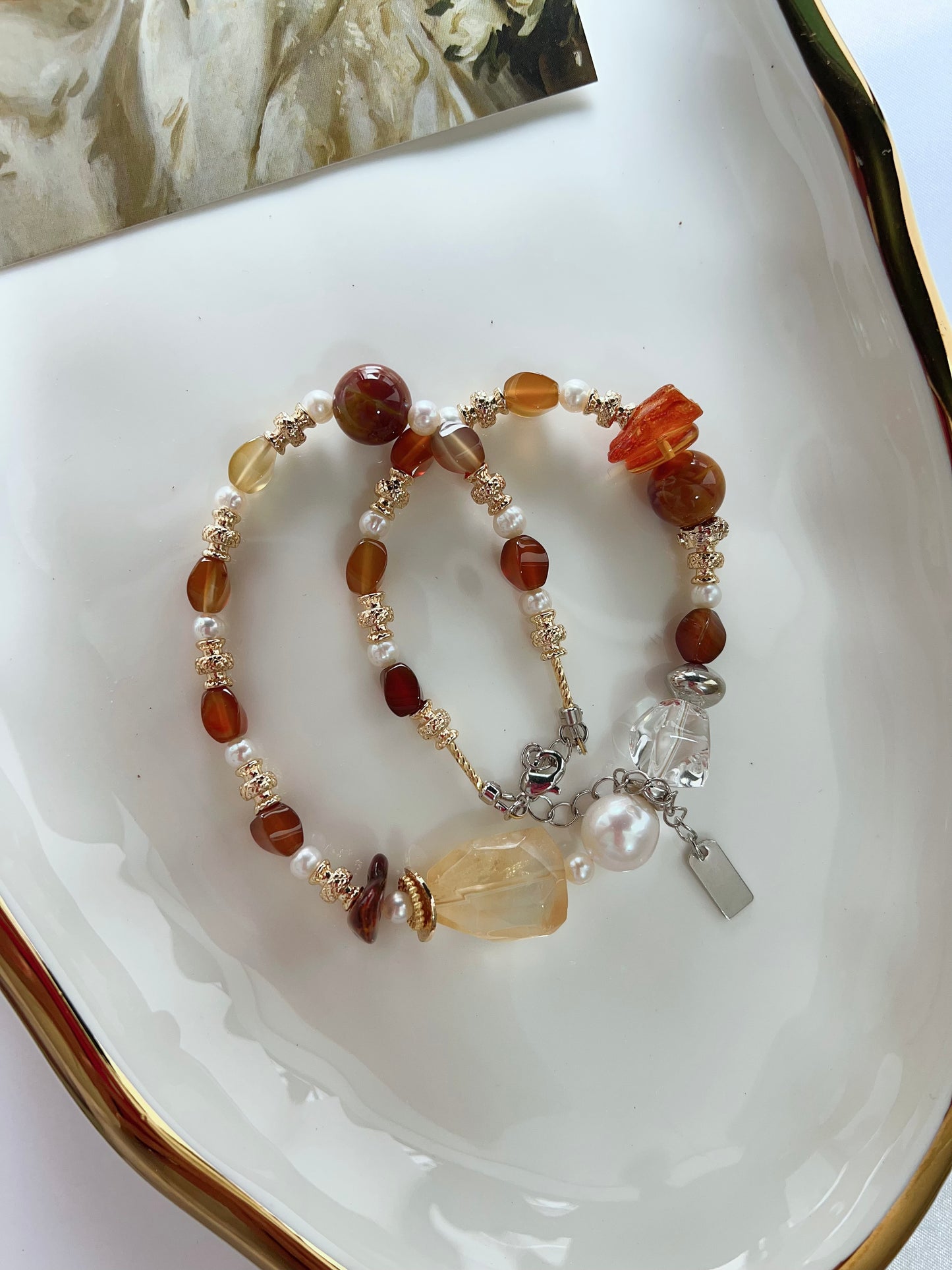 #PN1261 Freshwater pearl necklace agate citrine freeform beeswax lustrous baroque 37+5cm