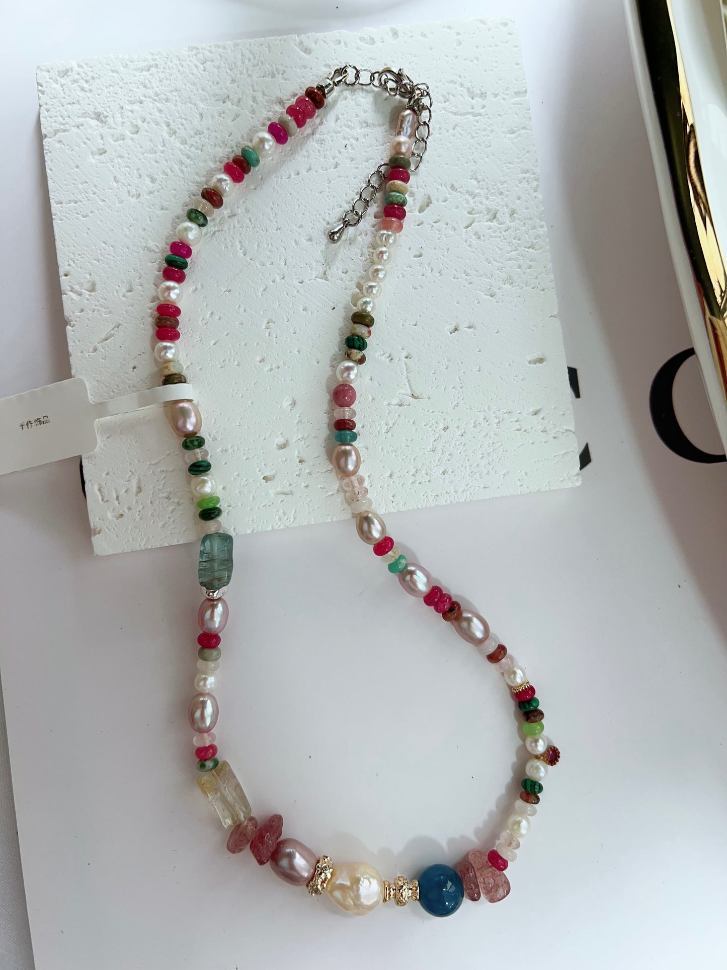 #PN1255 Freshwater pearl necklace 40+5cm Blue Apatite tourmaline citrine strawberry quartz