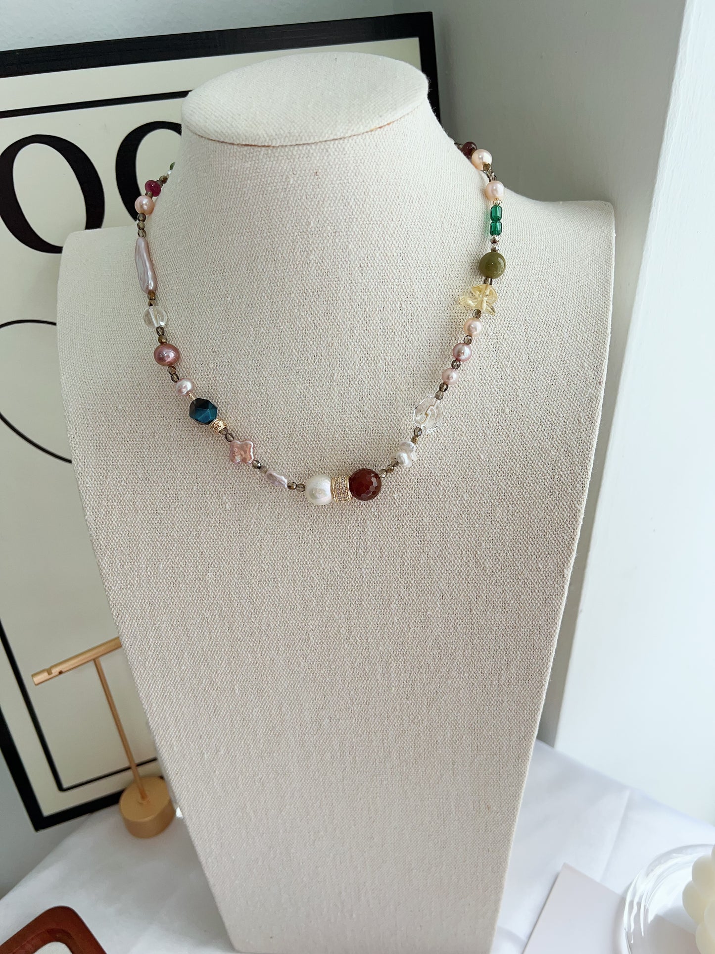 #PN1259 Freshwater pearl necklace alashan agate red agate citrine tourmaline 43+5cm clover pearl stick pearl