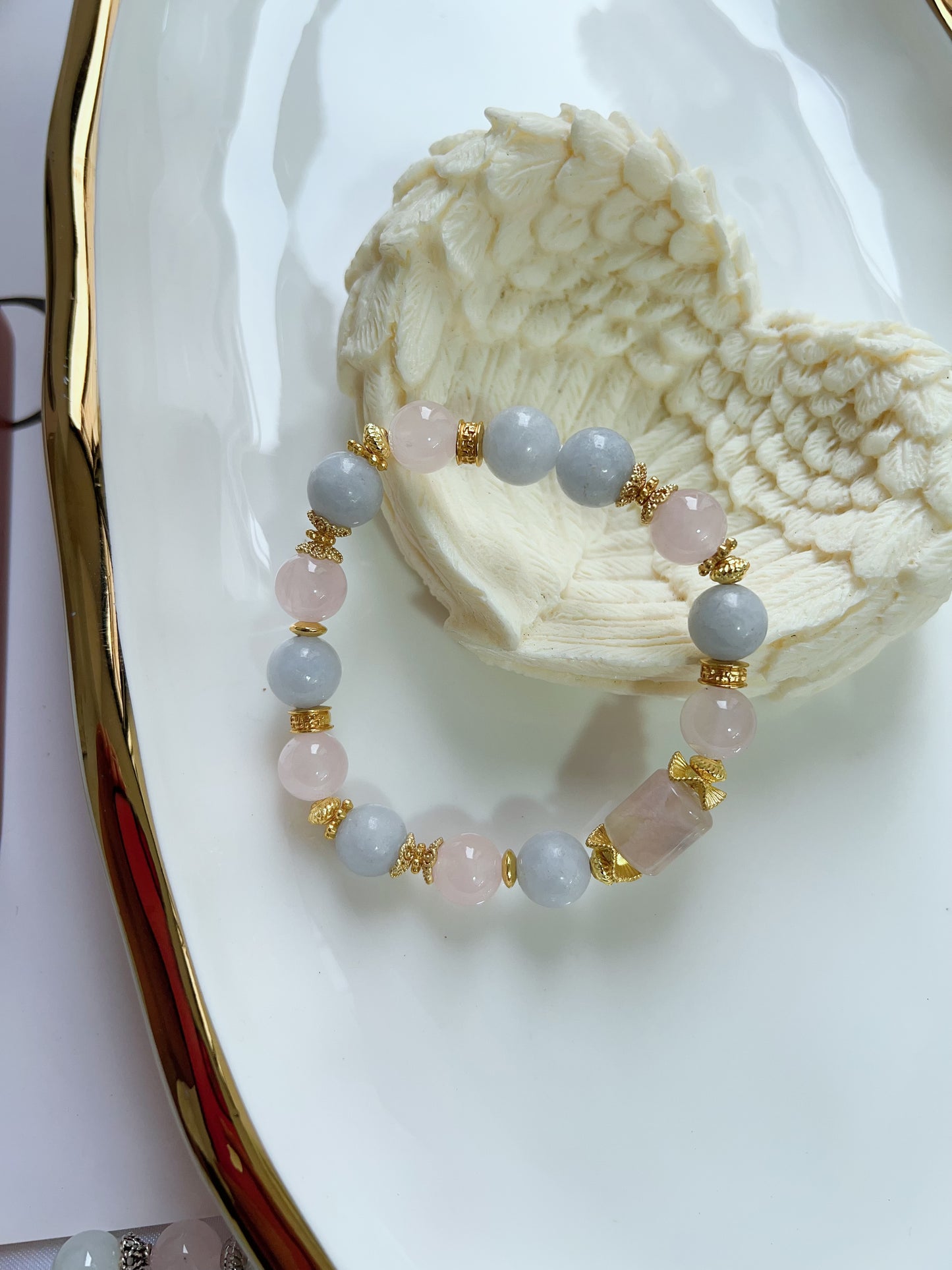 #B17 Crystal Bracelet Blue Calcite Rose Quartz Jadeite Flower Agate Barrel Green Quartz Freeform