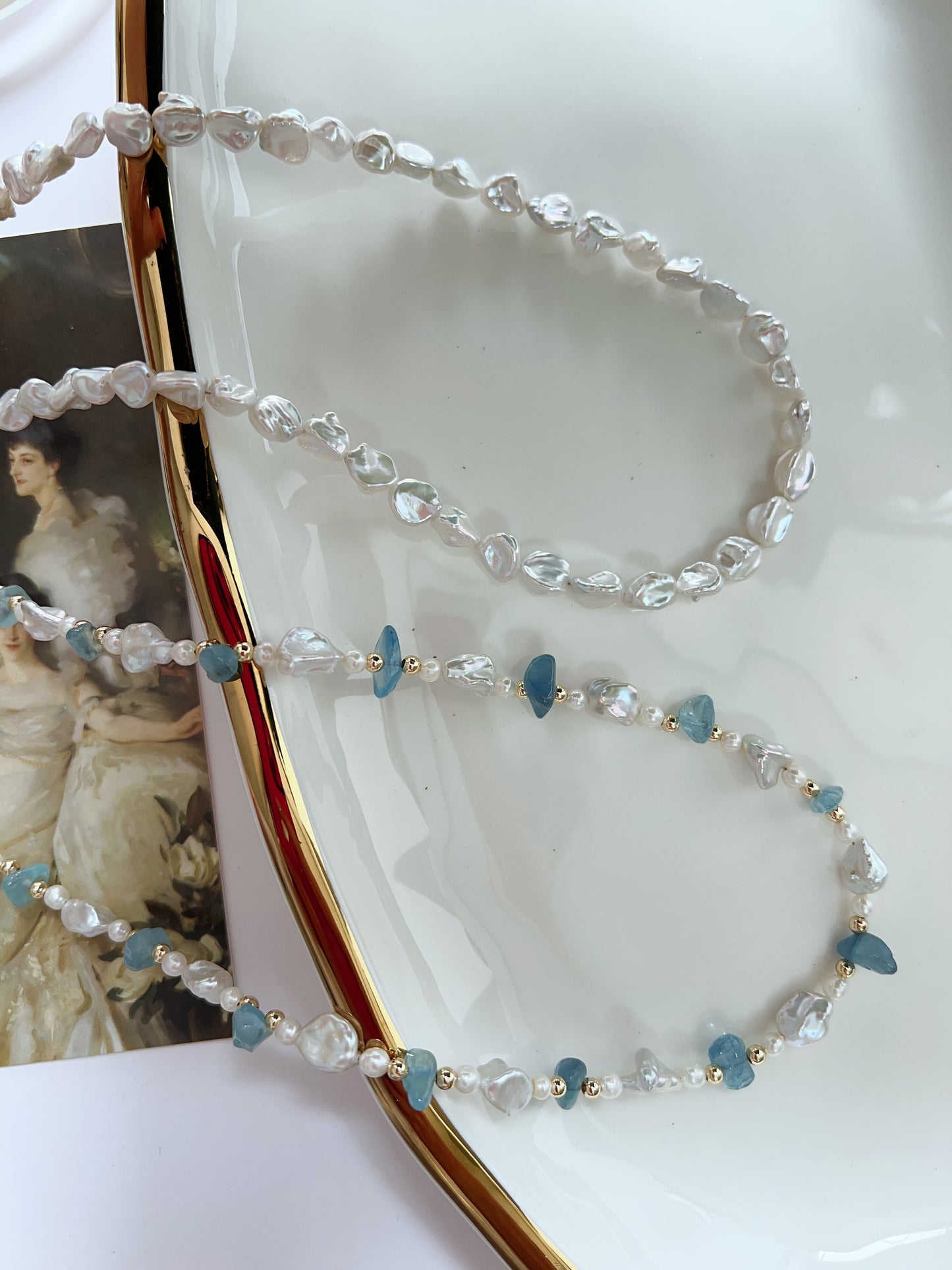 #PN1268 Freshwater pearl necklace set 3 pcs set high quality aquamarine chips ancient silver stone irregular pearl lustrous dainty pendant