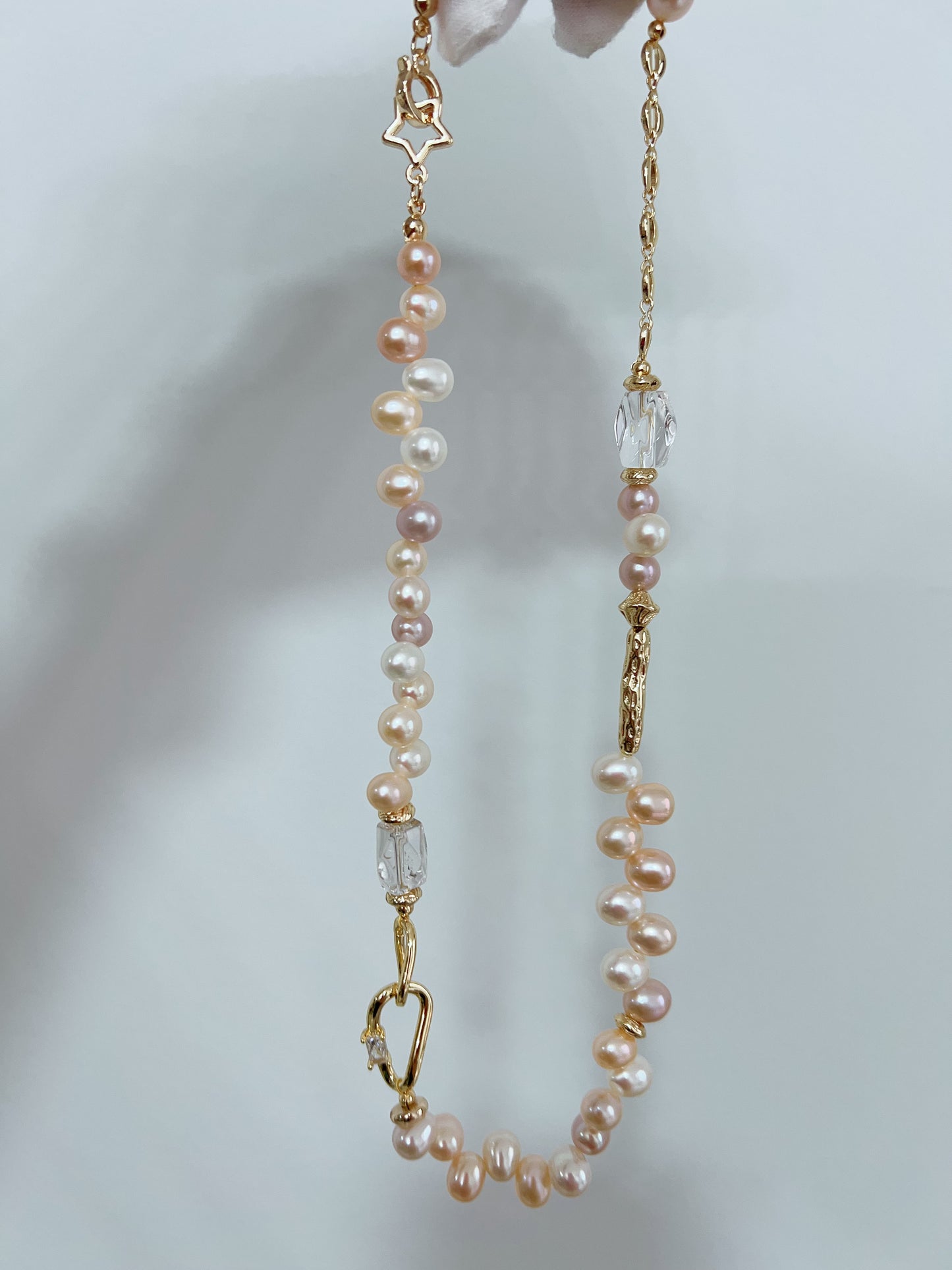 #PN1246 Freshwater Pearl Necklace & Bracelet Set chunky Rice Pearl clear quartz Freeform lace design Lustrous mixed colors