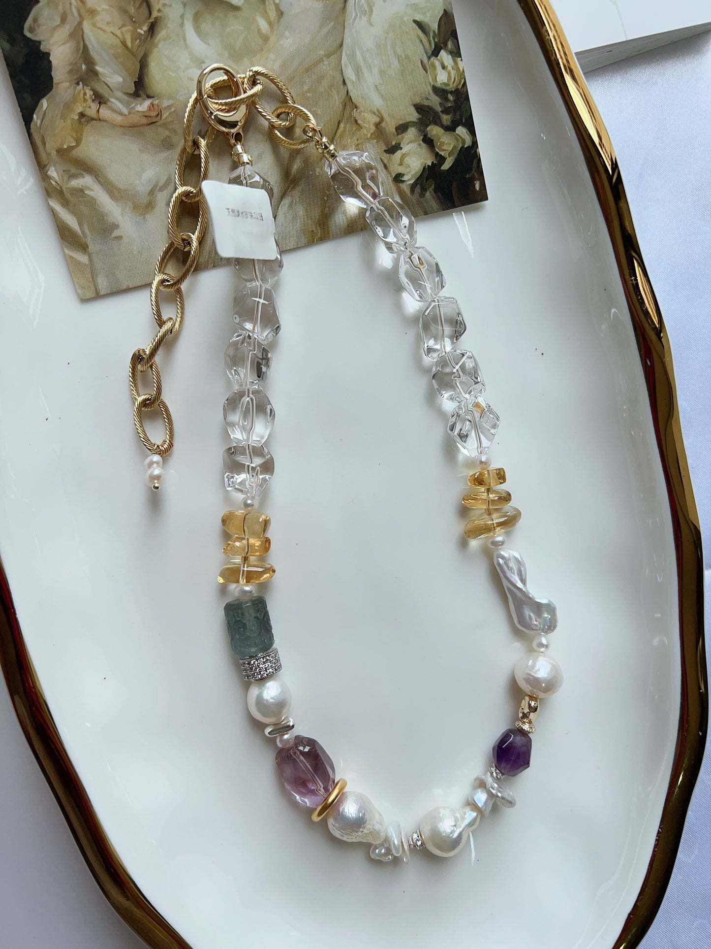 #PN1257 Freshwater pearl necklace 38+12cm clear quartz freeform carved fluorite amethyst irregular baroque