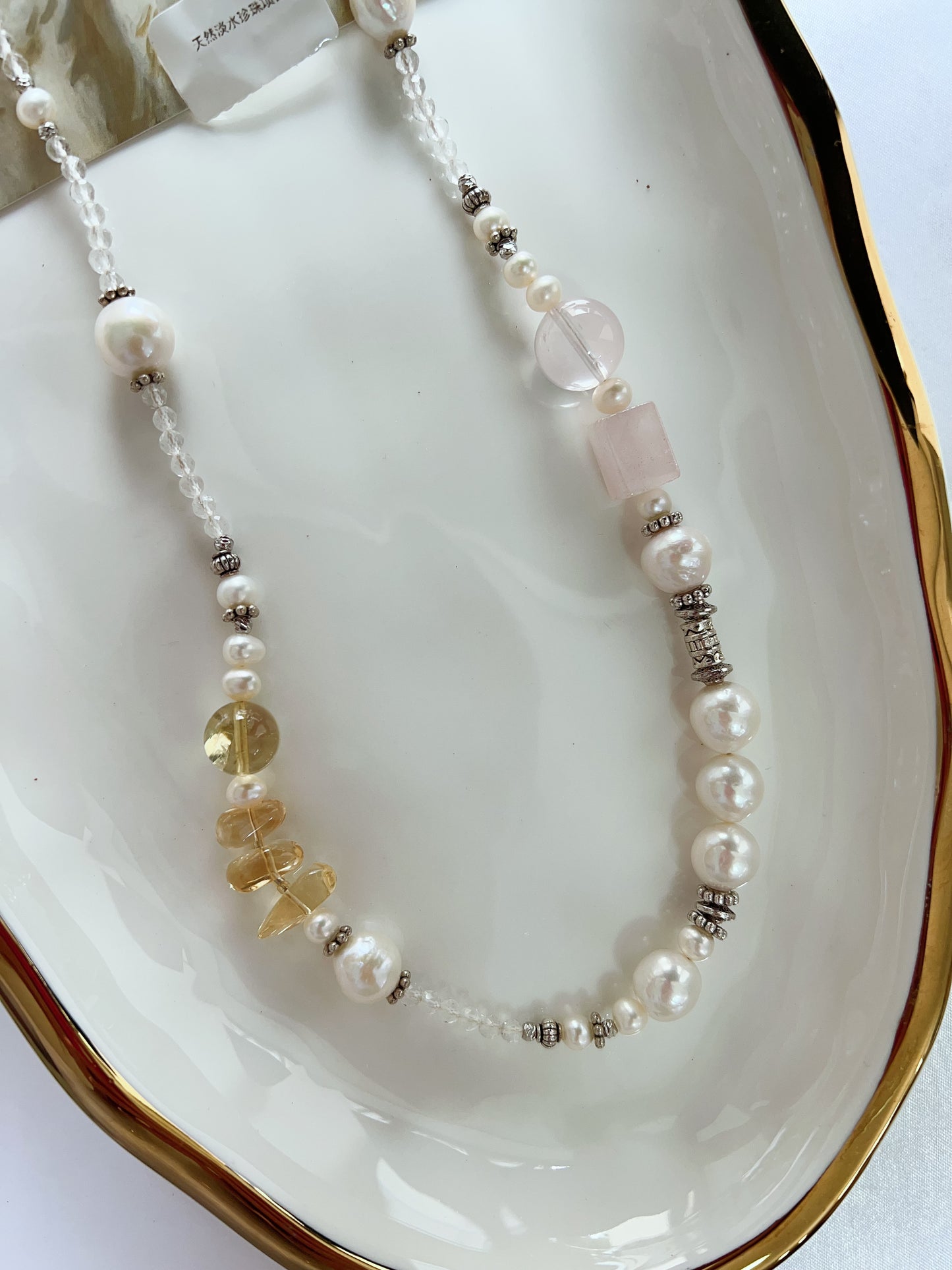 #PN1256 Freshwater pearl necklace 54cm multi wearing rose quartz citrine long necklace